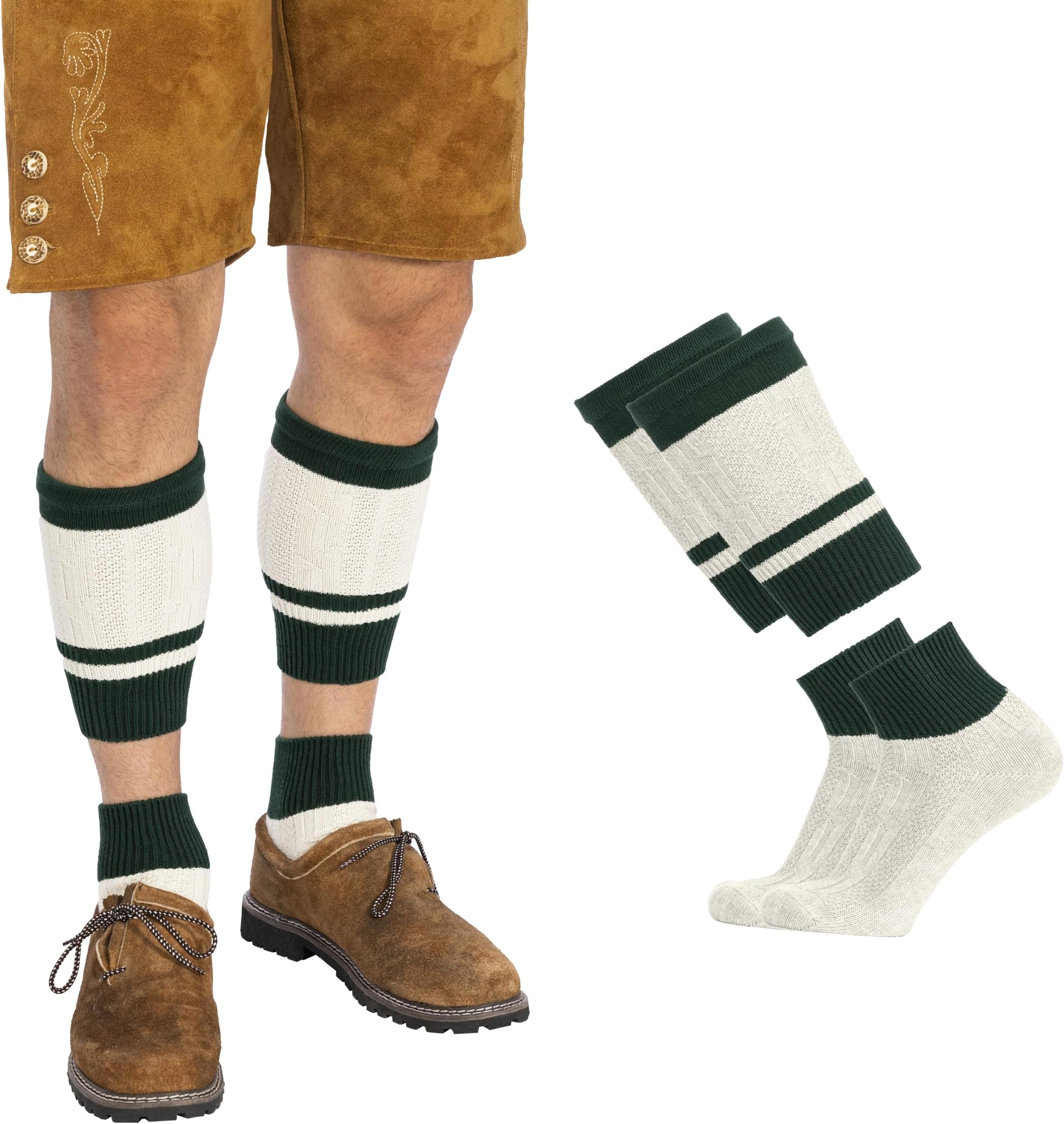 Lederhosen Socks Men - German Oktoberfest Socks for Men - Loferl Bavarian Socks - Octoberfest High Knee Wool, Green White, Large