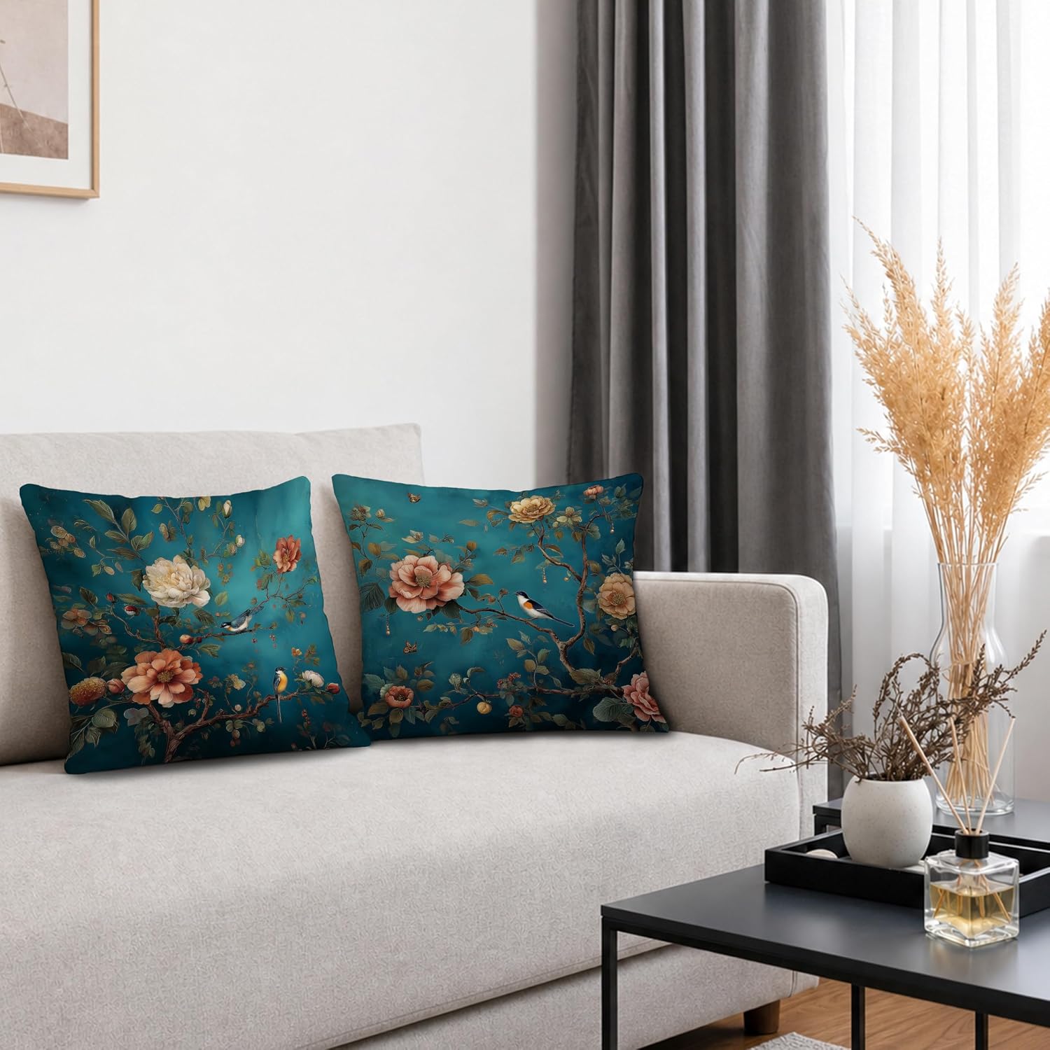 ZJSYXXU Teal Chinoiserie Floral Bird Botanical Pillow Covers 18x18 Set of 2