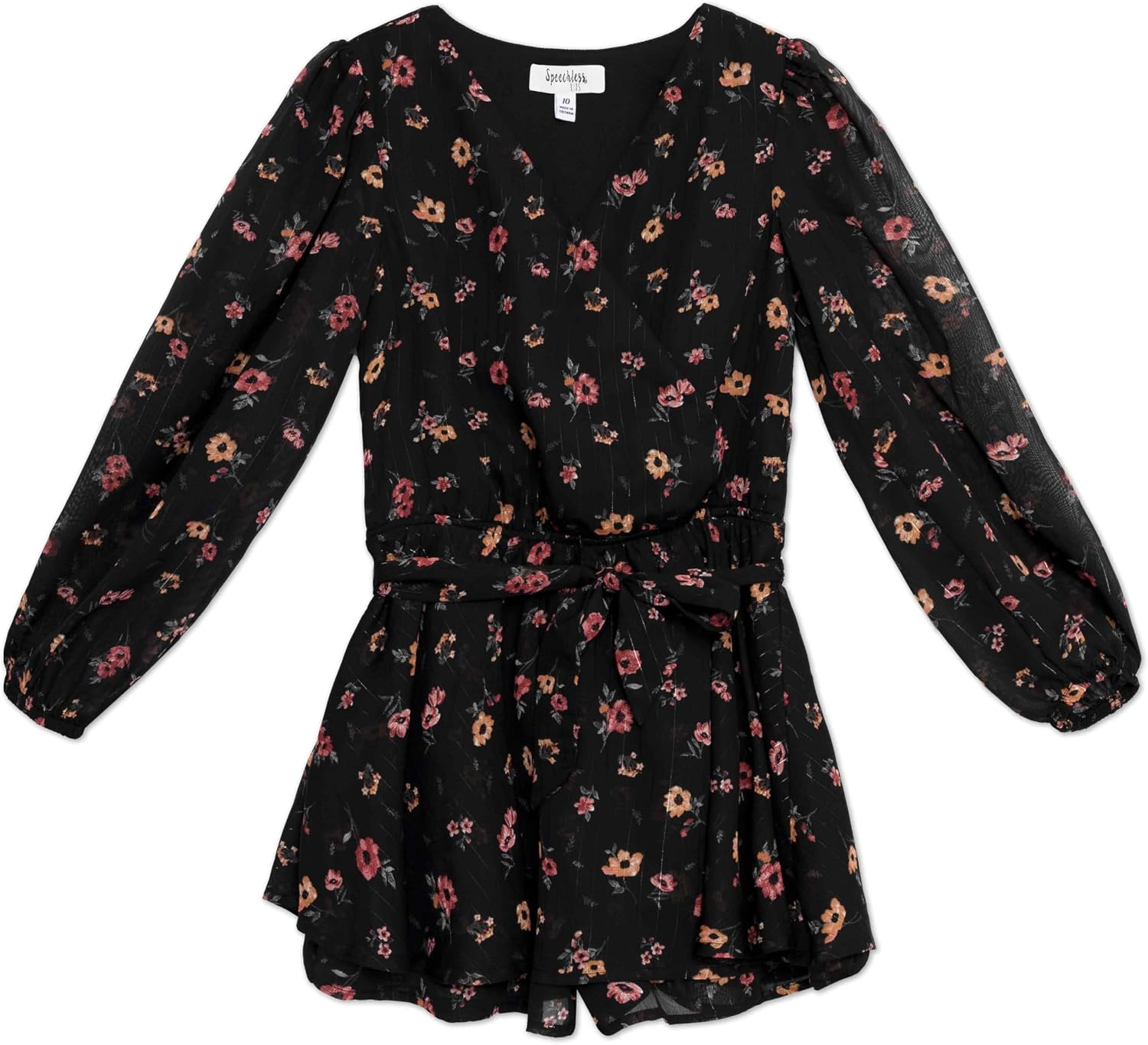 Speechless Girls' Long Sleeve Floral Printed Chiffon Romper