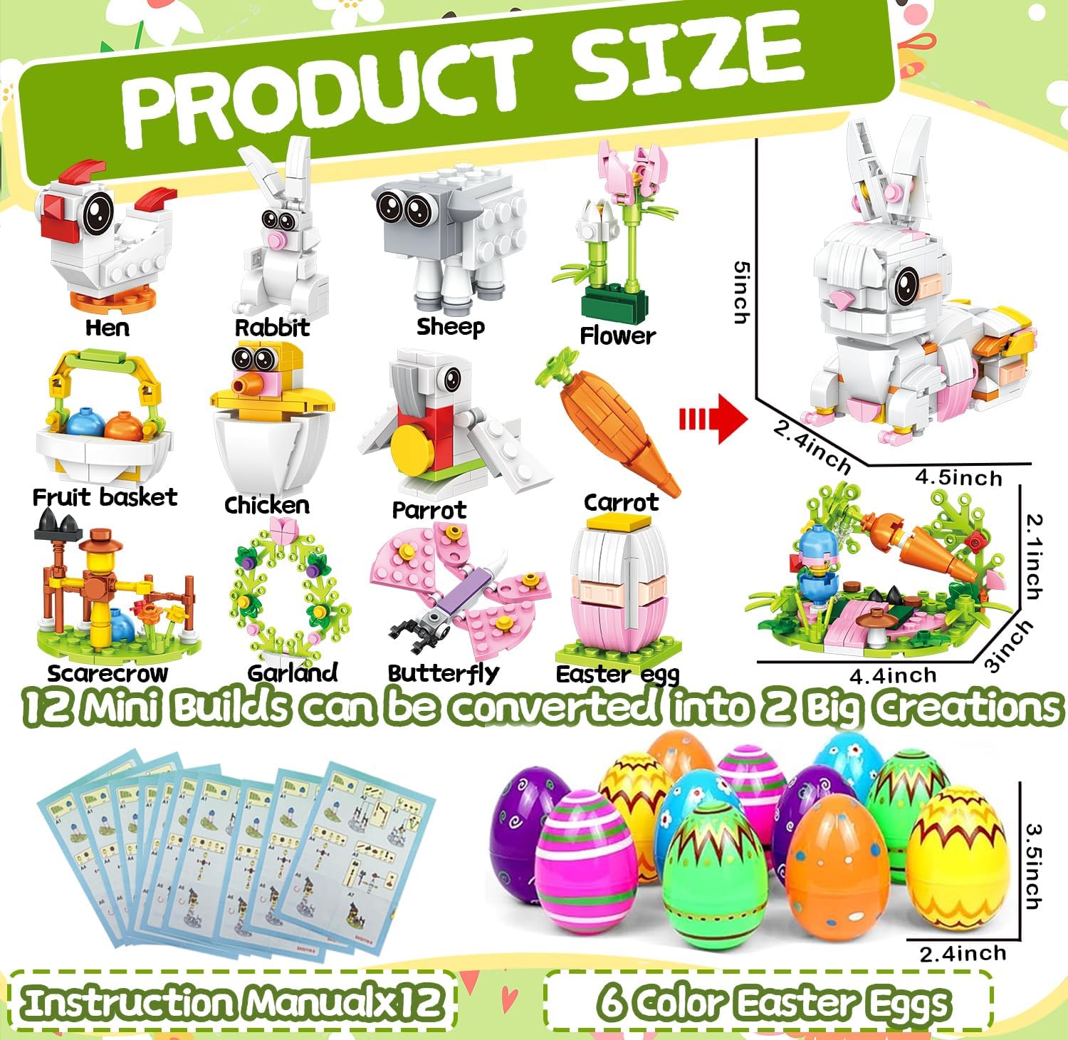 3.5"Prefilled Easter Eggs with Easter Bunny Building Blocks Toy Set - 12 in 1 Rabbit Building Kit, Easter Basket Stuffer Egg Hunt Party Favors Classroom Prizes Filled Easter Egg Gift for Kids Boy Girl