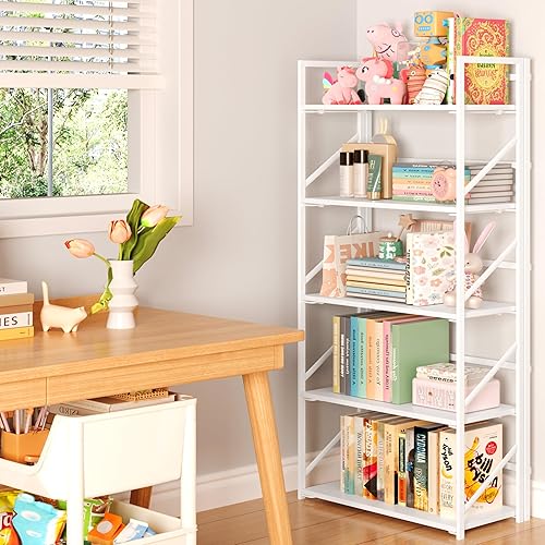 Miniatura 4 de JSB Estantería Plegable Sin Montaje, Estante de Libros de Metal Industrial de 5 Niveles para Almacenamiento, Librero Plegable de Madera Vintage para