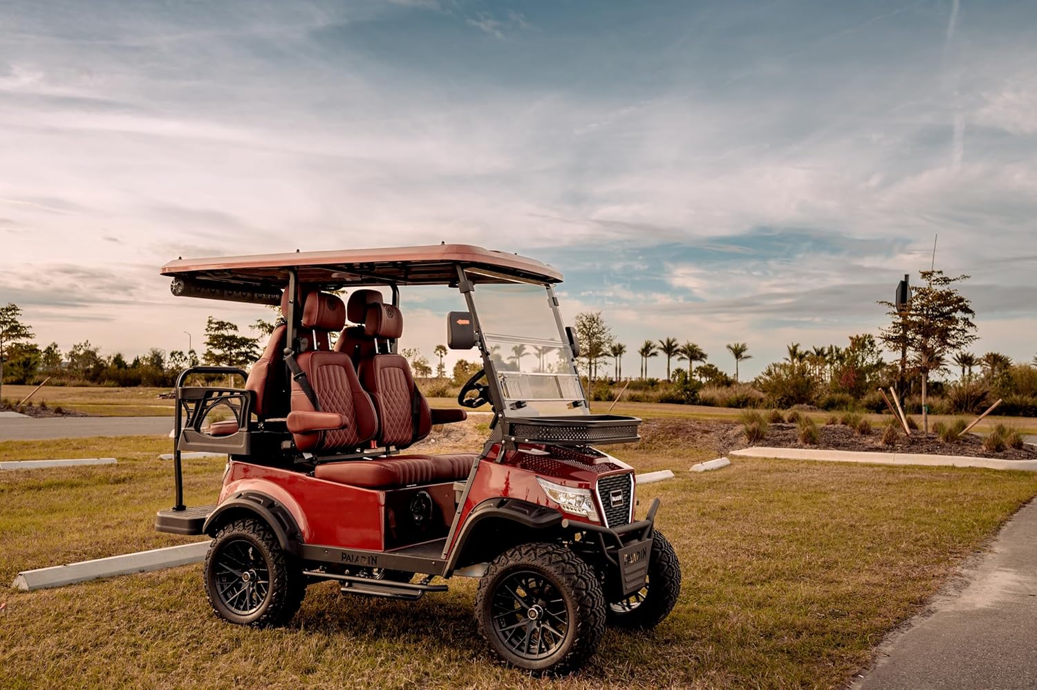 Paladin Electric Golf Cart – 2+2 Pearl Ruby, Diamond-Stitched Seats, Carbon Dash, 25 MPH, LED Kit, Apple CarPlay