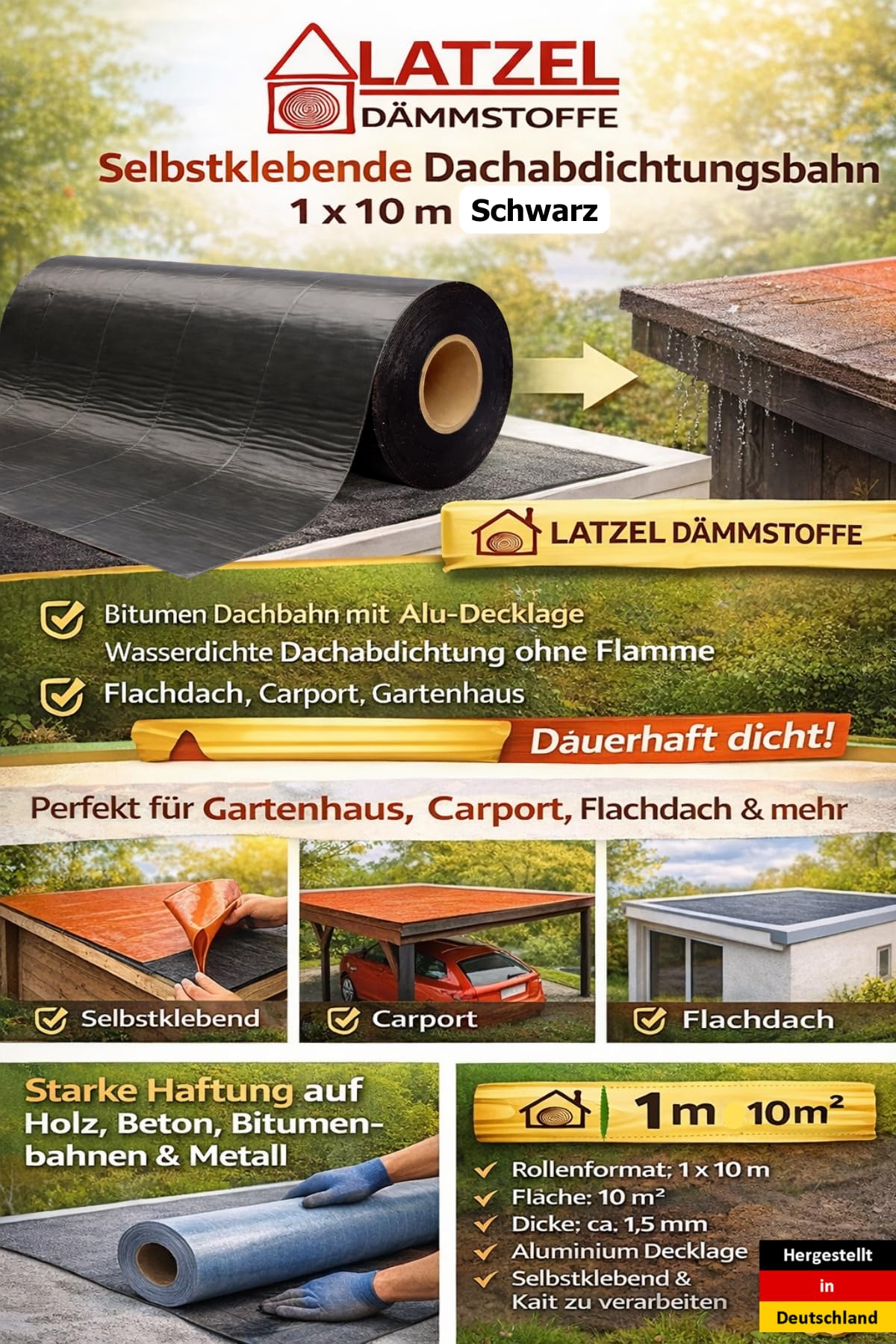 Banda autoadhesiva para impermeabilización de techos, corte 1 m - 1 m² Negro – Banda para tejado de betún con capa superior de aluminio – impermeabilización de techo sin llama – para cobertizo, casa