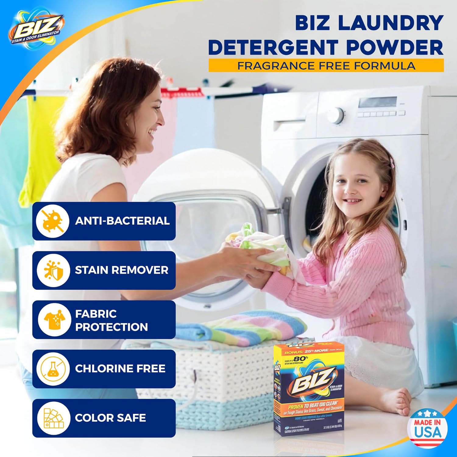 Biz Laundry Detergent Powder, Stain and Odor Eliminator for Tough Stains Like Grass Sweat and Chocolate, Powder Laundry Detergent with 4 Stain Fighters, Color Safe, Unscented, 2 Pack, 75 Oz Total - Image 2