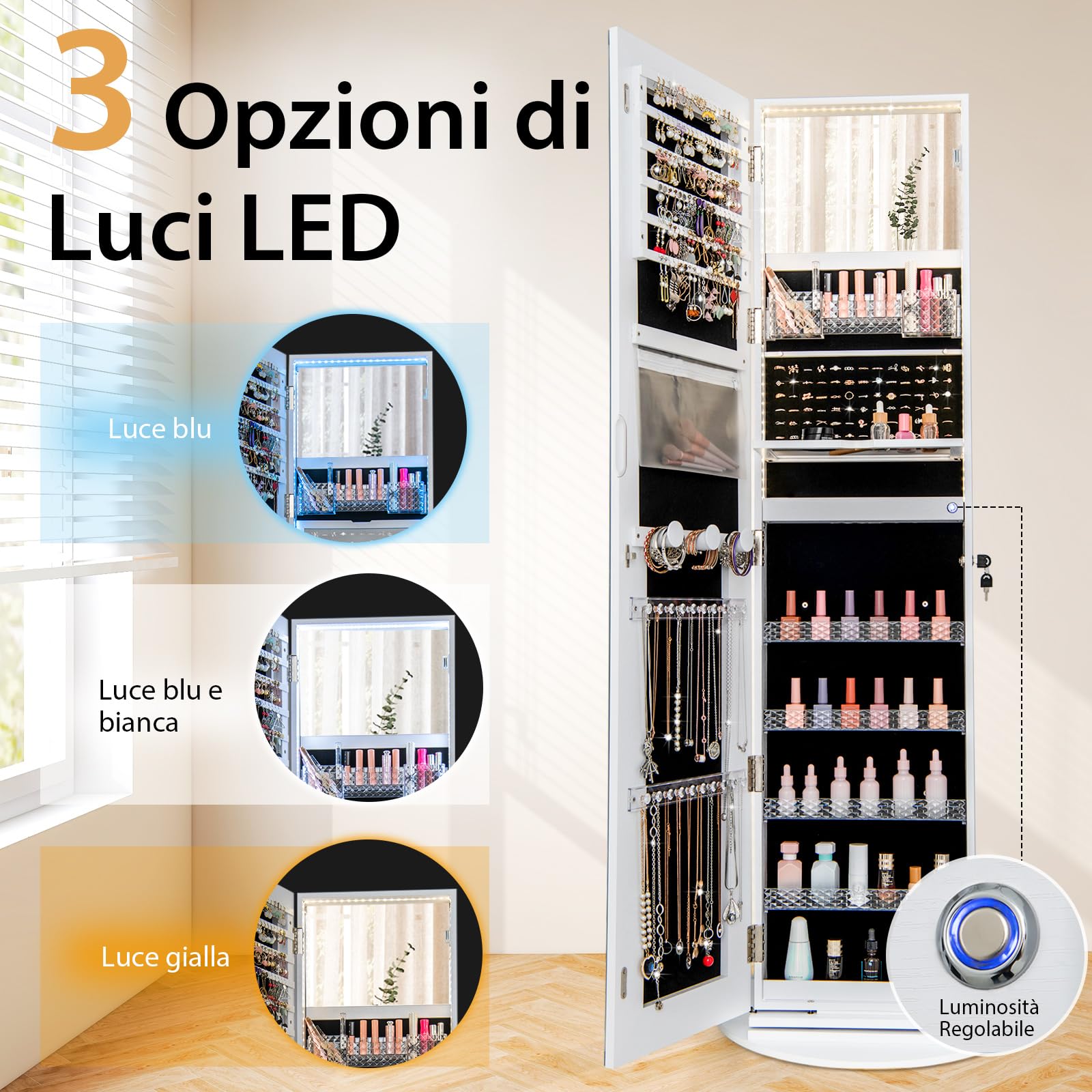 RELAX4LIFE Armario Joyero con Base Giratoria 360°y Espejo Cuerpo Entero, Espejo Joyero de Pie con Luces LED Luminosas, Organizador para Joyas y Accesorios (Blanco, 54,5x54,5x160 cm)