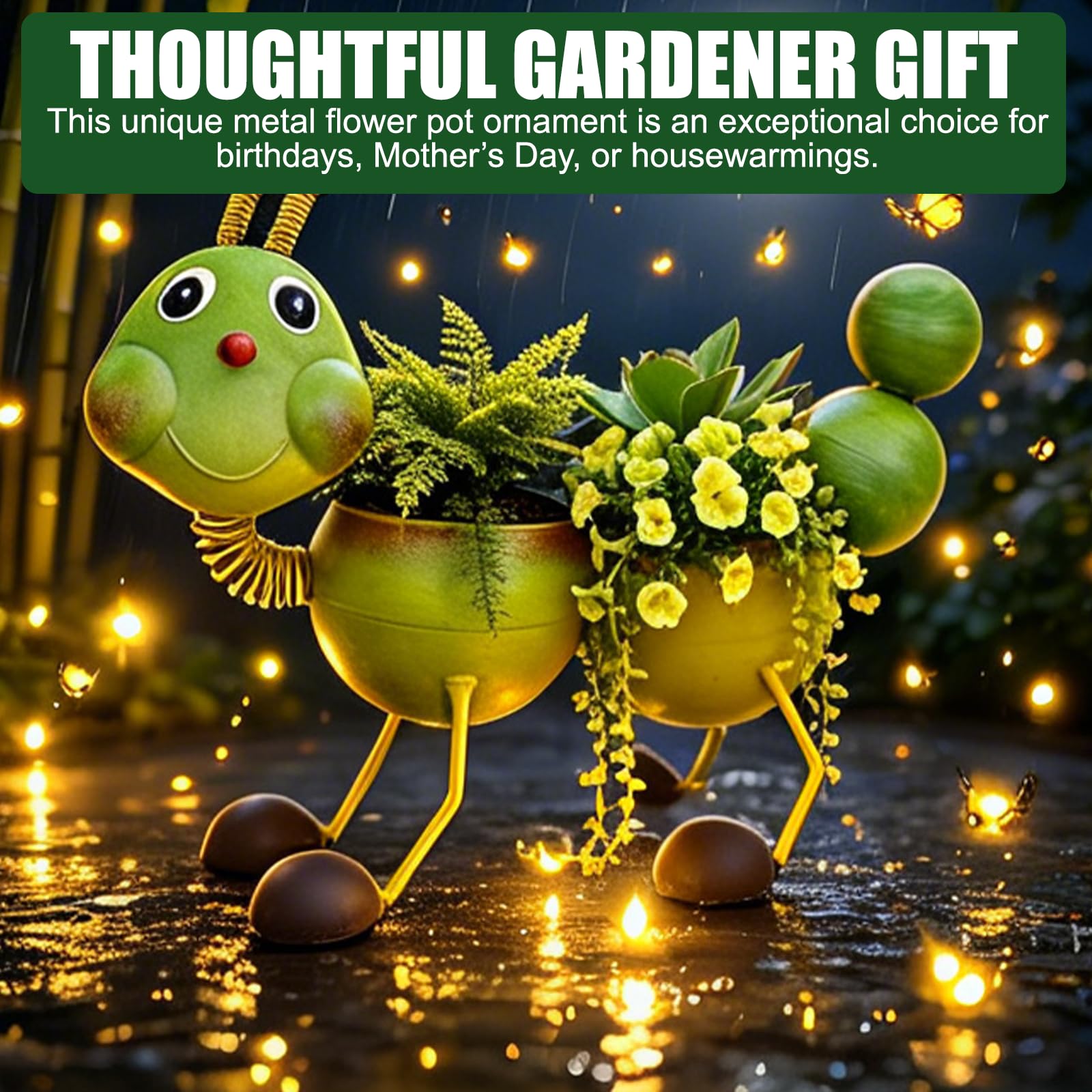 Handgefertigter Pflanzkübel in Raupenform, Rustikale Vintage Gartendeko aus Metall, Origineller Blumentopf für Garten, Terrasse, Hof, Einzigartiges Geschenk für Mama, Gartenliebhaber (Gelb)