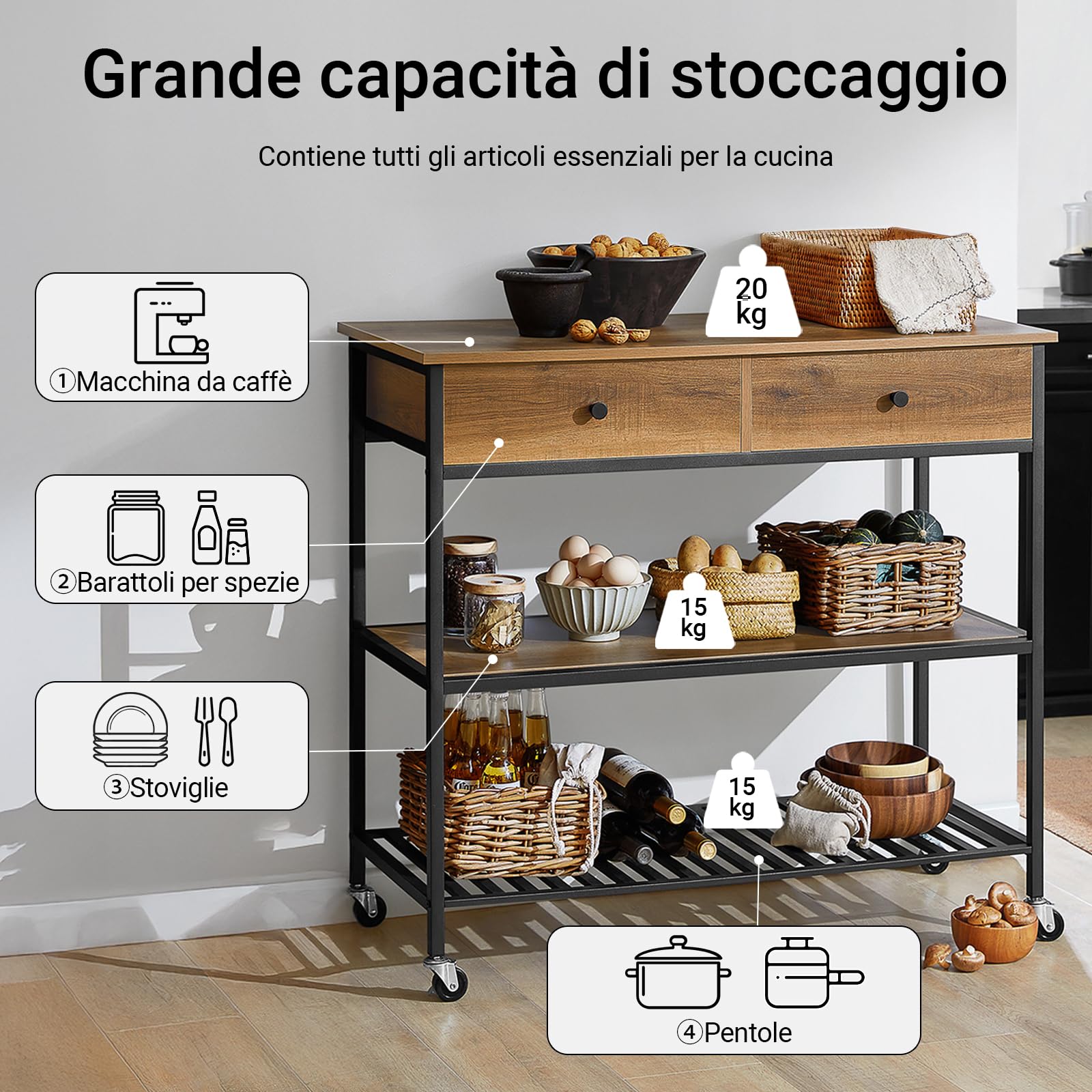 SoBuy Carrello da Cucina e Mobile Cucina Salvaspazio con 2 Cassetti e 2 Ripiani – Mobiletto con Ruote Stile Industriale, Credenza Compatta per Ingresso, Cucina o Soggiorno 100x45x93cm FKW112-PF