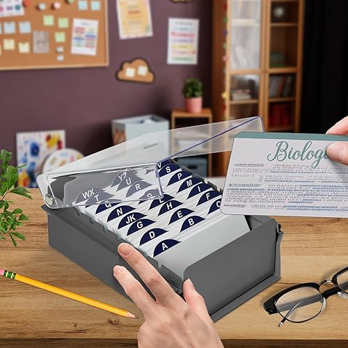 Miniatura 2 de Acrimet Caja organizadora de archivos de 3 x 5 tarjetas, base de metal, resistente (tarjetas de índice AZ y divisor incluidos) (color gris con tapa