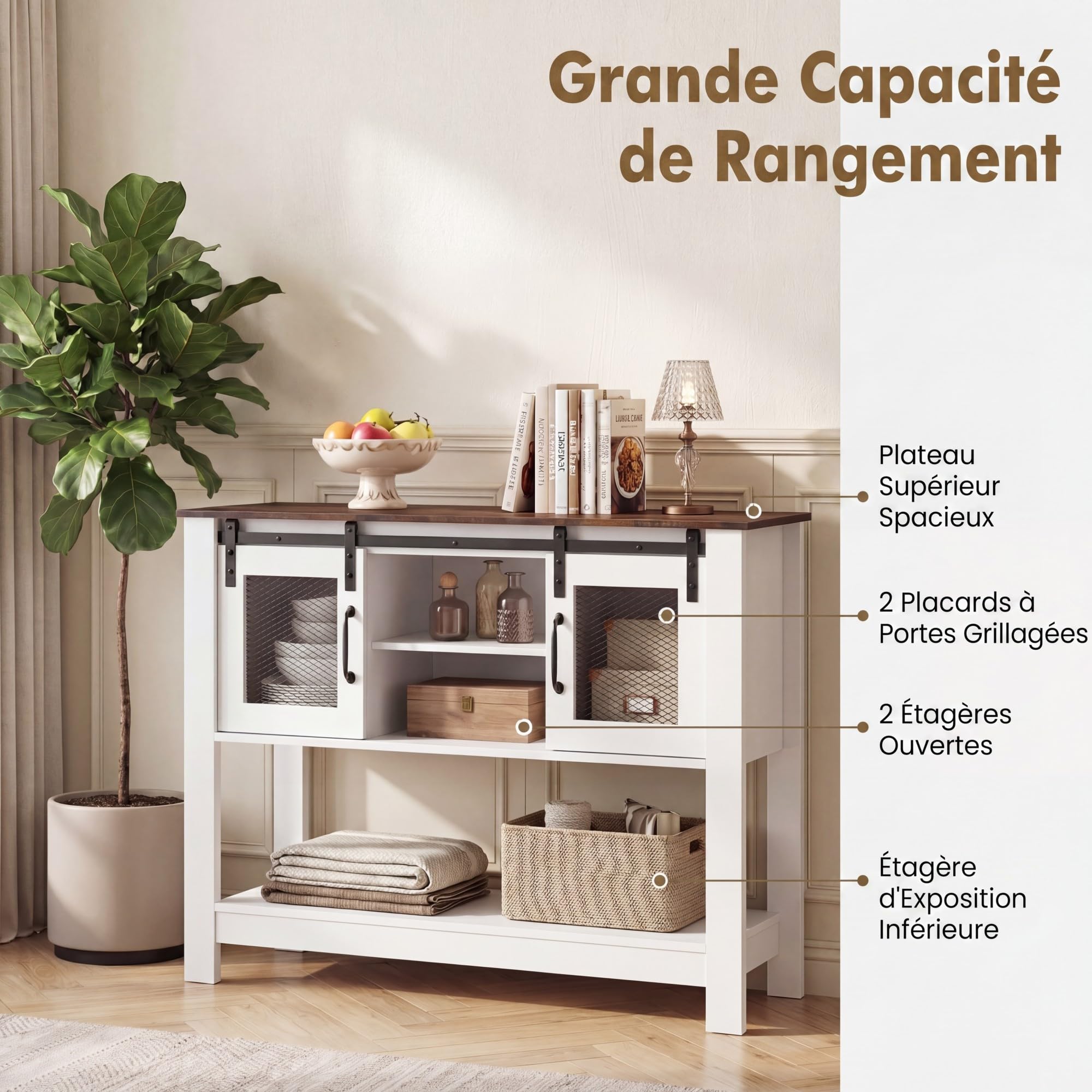 RELAX4LIFE Buffet Cuisine Blanc 100 CM avec 2 Portes Coulissantes