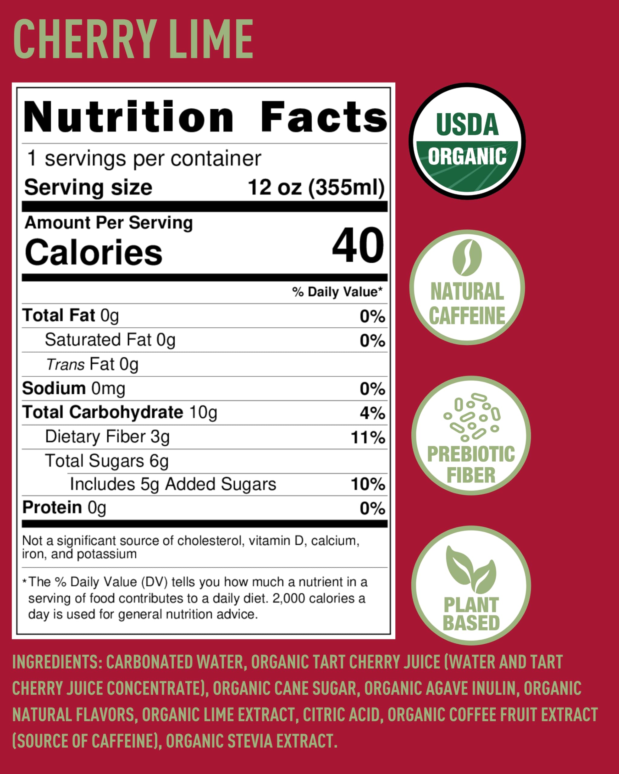 Organic Energy Drink, Trailblazin’ Cherry Lime, 80mg Natural Caffeine, 3g Prebiotic Fiber, 12oz Can, Powered by Coffee Fruit, Organic, Low Calorie, Outdoor Adventure Fuel (Pack of 12)
