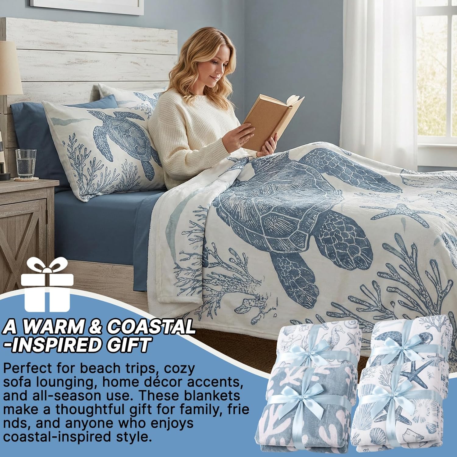 Frienda 4 Pcs Nautical Coastal Throw Blanket Beach Soft Lightweight Fleece Ocean Themed Starfish Seashell Coral Sea Turtle Seahorse Pattern Cozy Flannel Blanket Gift Sofa Couch Bed Room Decor 50x60 - Image 6