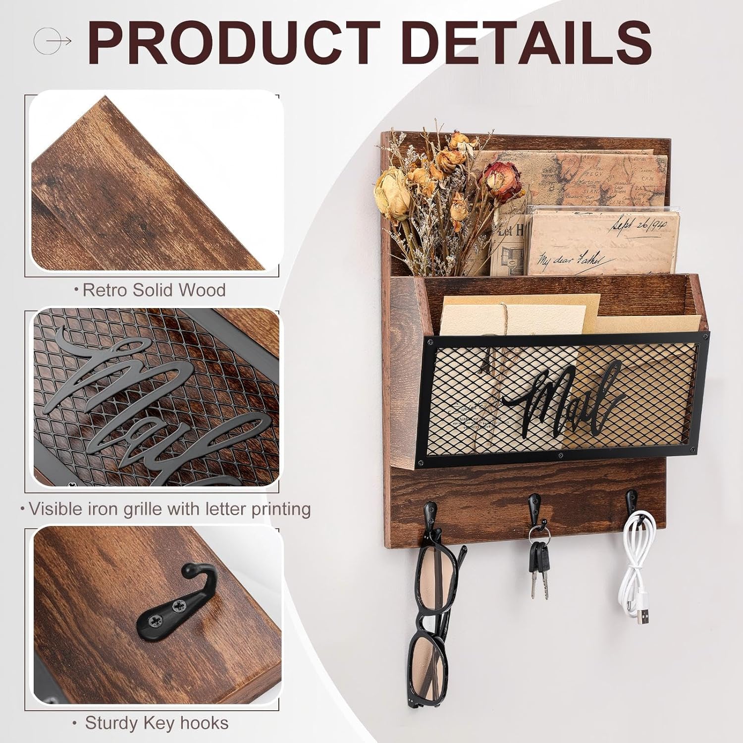 Yalikop Farmhouse Mail Organizer Wall Mounted Rustic Mail Holder Hanging Key Sorter with 3 Hooks Indoor Wooden Wall Mounted, Letter, Magazines, Newspapers, Keys(Classics,Brown)