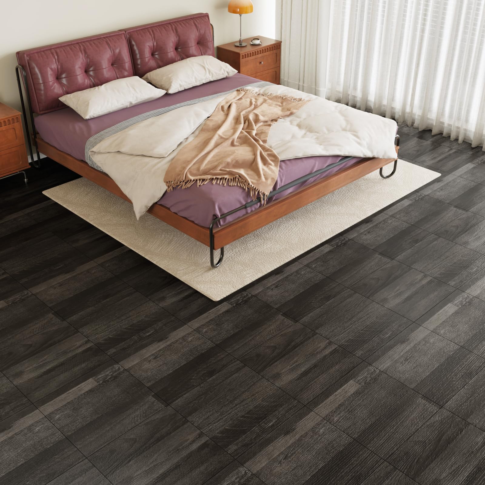 VEELIKE Piastrelle adesive per pavimenti in PVC, effetto legno, effetto legno, impermeabile, 12 pezzi, colore grigio scuro, effetto legno, 30 cm