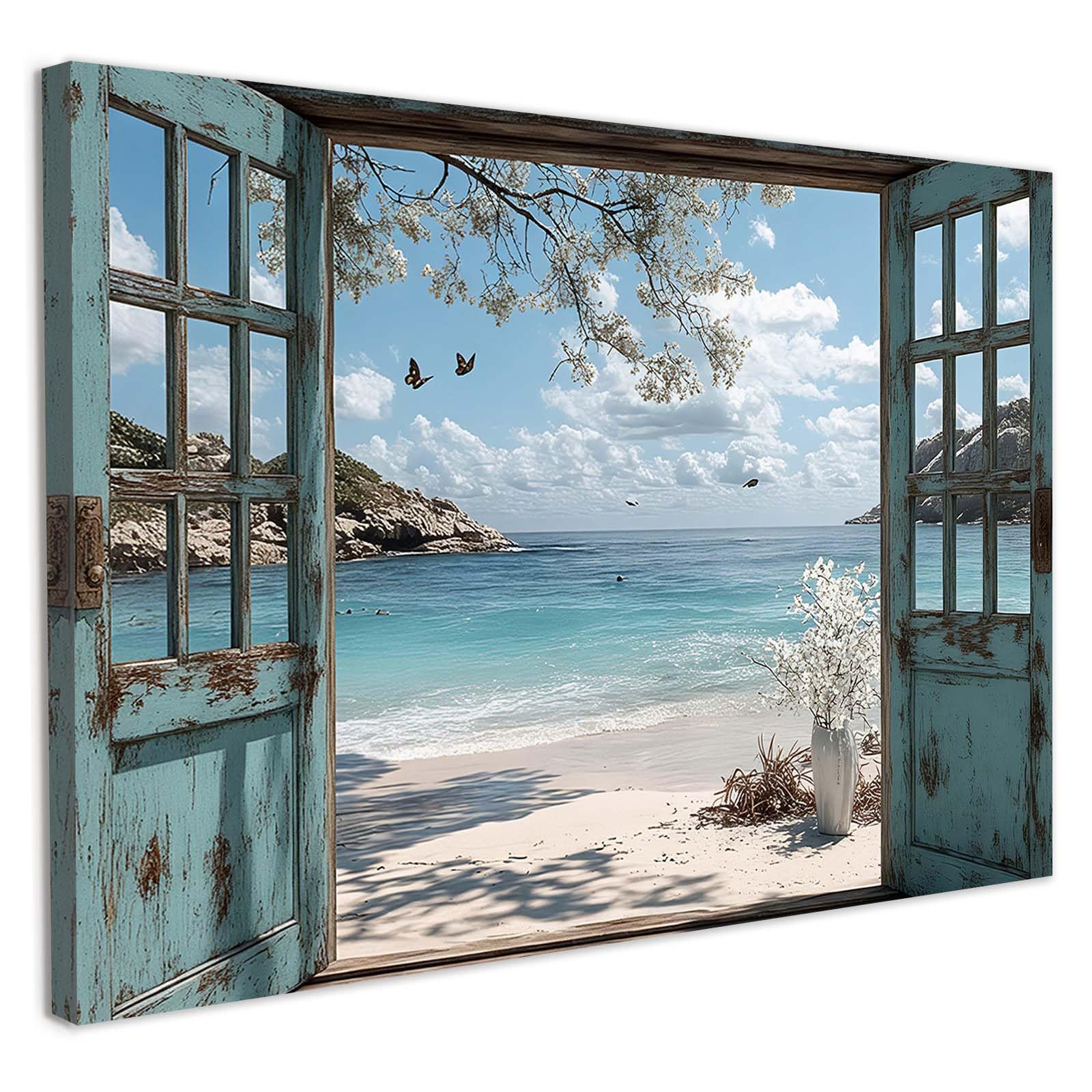 Framed Canvas Wall Art 12x16 Inch Mediterranean Coastal Window View Artwork Ocean Sailboat Wall Canvas Pictures for Living Room Bedroom Hallway Wall Decoration Prints with Hooks Magic Tape and Nails — view 11