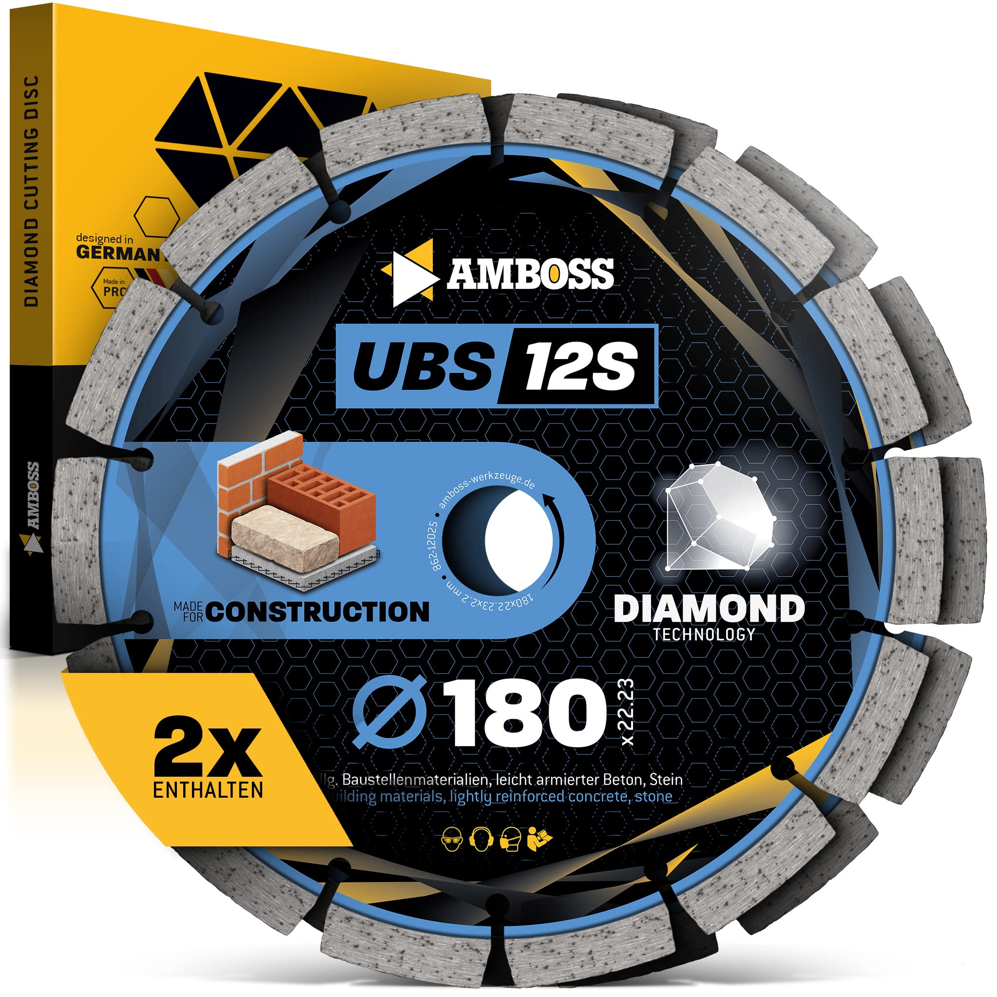 Anvil Diamond Cutting Disc Diameter 180 mm x 22.23 UBS 12S - Separating Lightly Reinforced Concrete / Stone / Building Materials - Diamond Disc / Diamond Cutting Disc for Angle Grinders