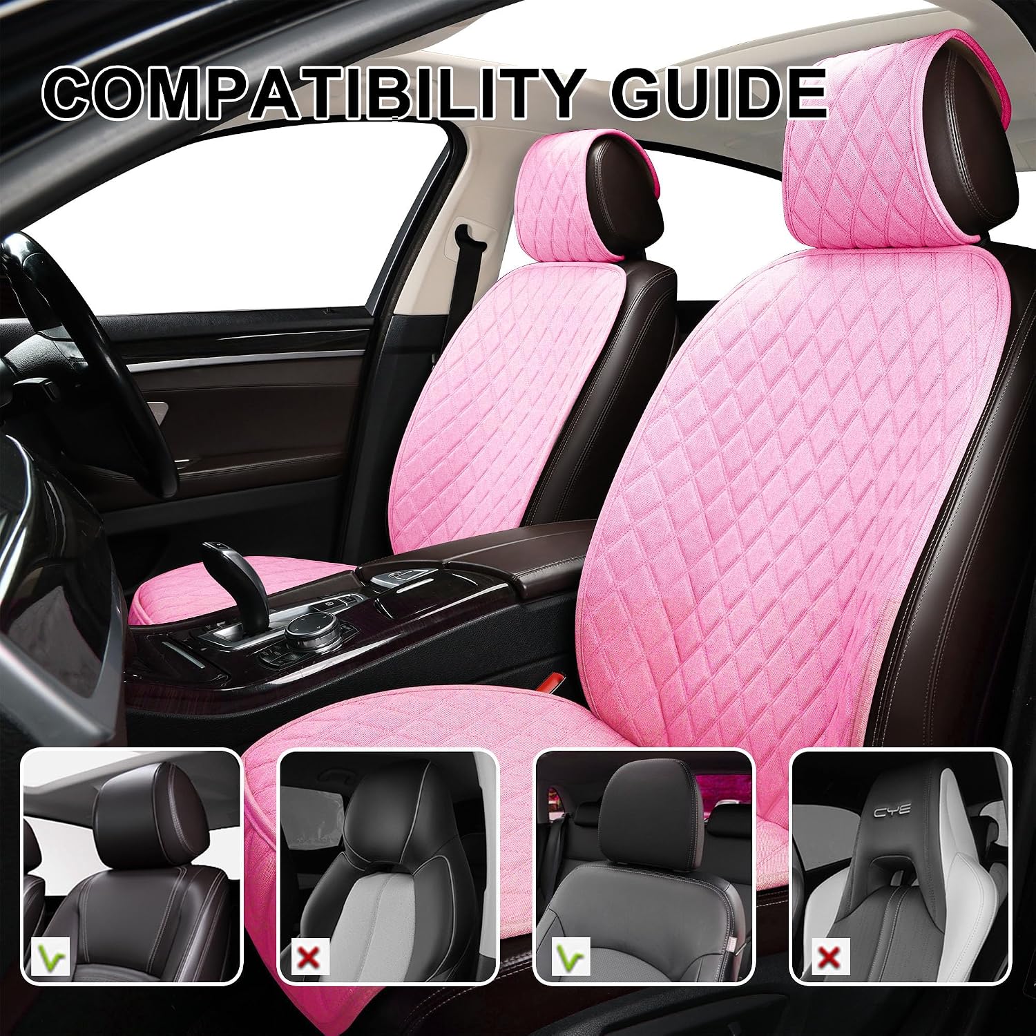 2PCS Linen Front Seat Covers for Cars Sideless Seat Covers Breathable Cloth Fabric Car Seat Protector Universal Fit Most Automotive, SUV, Trucks, Van(Pink)