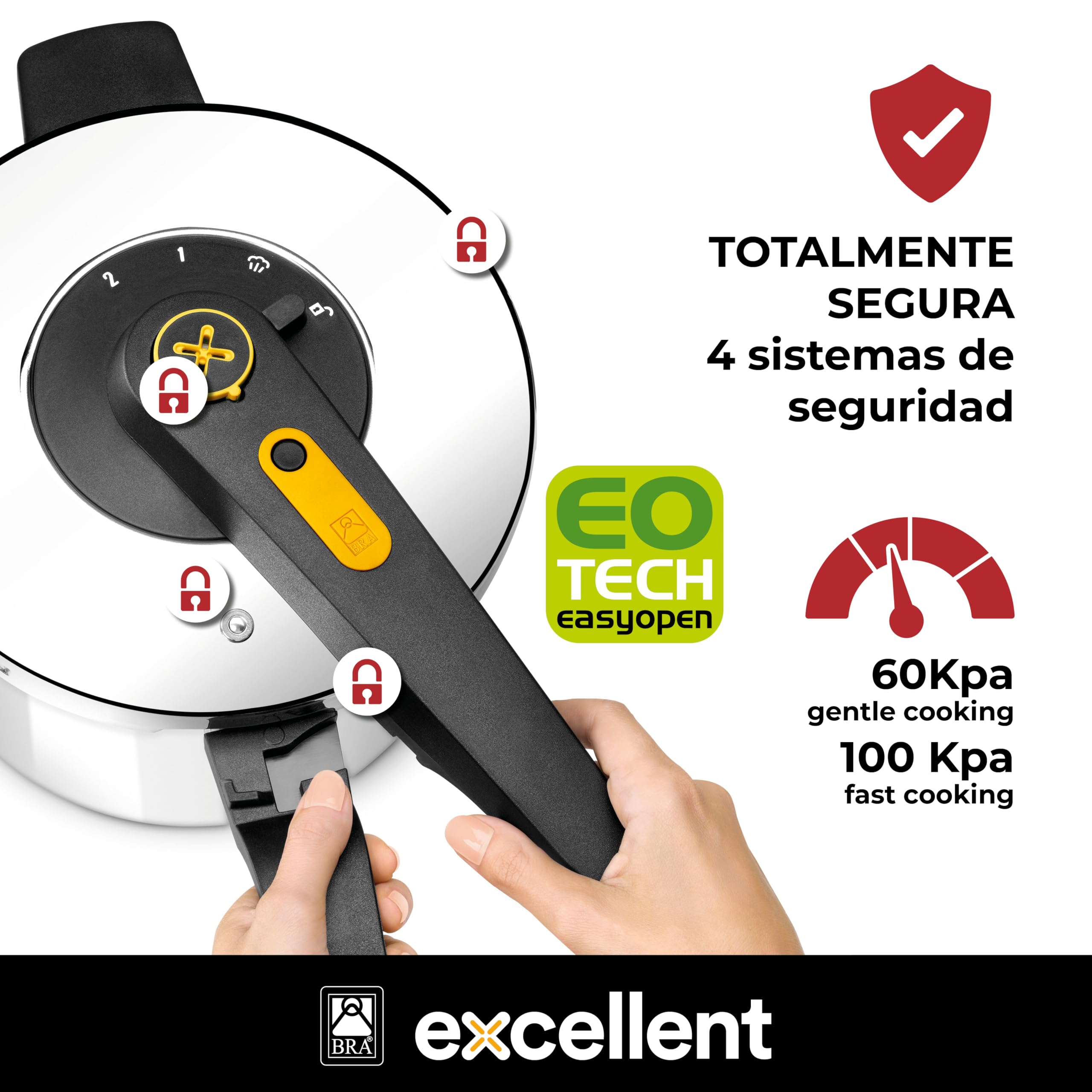 BRA Excellent | Set olla a Presión Rápida de Fácil Aberura de 4+7 Litros, Fabricada en Acero Inoxidable 18/10, 2 Programas de Cocción y Sistema de Bloqueo de Apertura, Apta para Todo Tipo de Cocinas