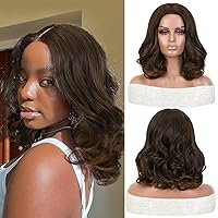 Vista 3 de FAVE Peluca corta ondulada de color marrón mixto, peluca de onda suelta de 14 pulgadas de longitud al hombro, peluca rizada estilo Bob, parte media