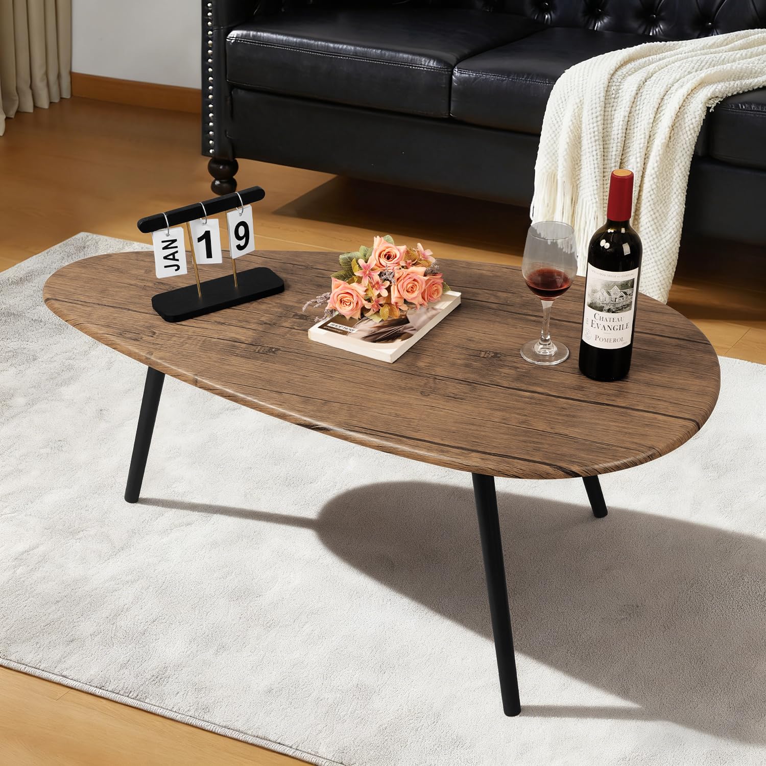 WDSHIYI Mid Century Modern Coffee Table,Large Oval White Coffee Table for Living Room,for Small Spaces, Brown&Black 108 D x 56 W x 40 H