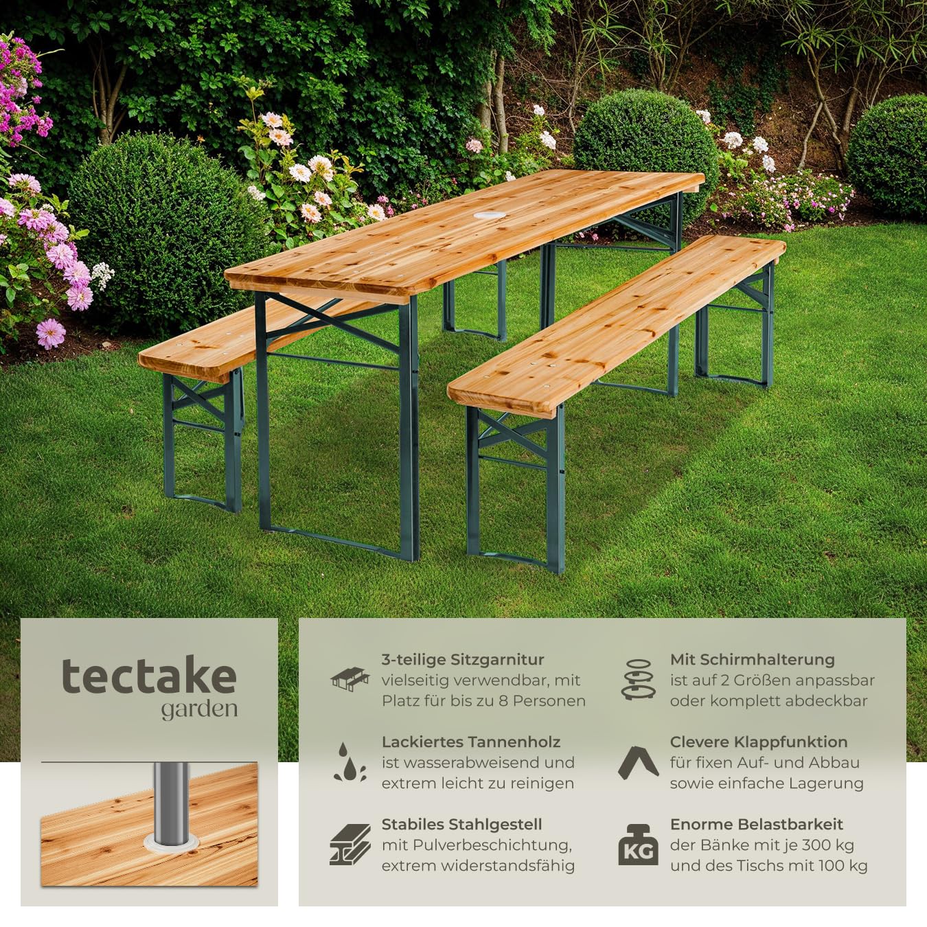 tectake® Bierzeltgarnitur mit Tisch und 2X Bierbank, mit Schirmhalterung und 12 Bodenschoner Bierzeltgarnitur, Balkon Möbel mit 1x Klapptisch und 2X Bierbänke, klappbar, 170 x 46 x 78 cm, lackiert
