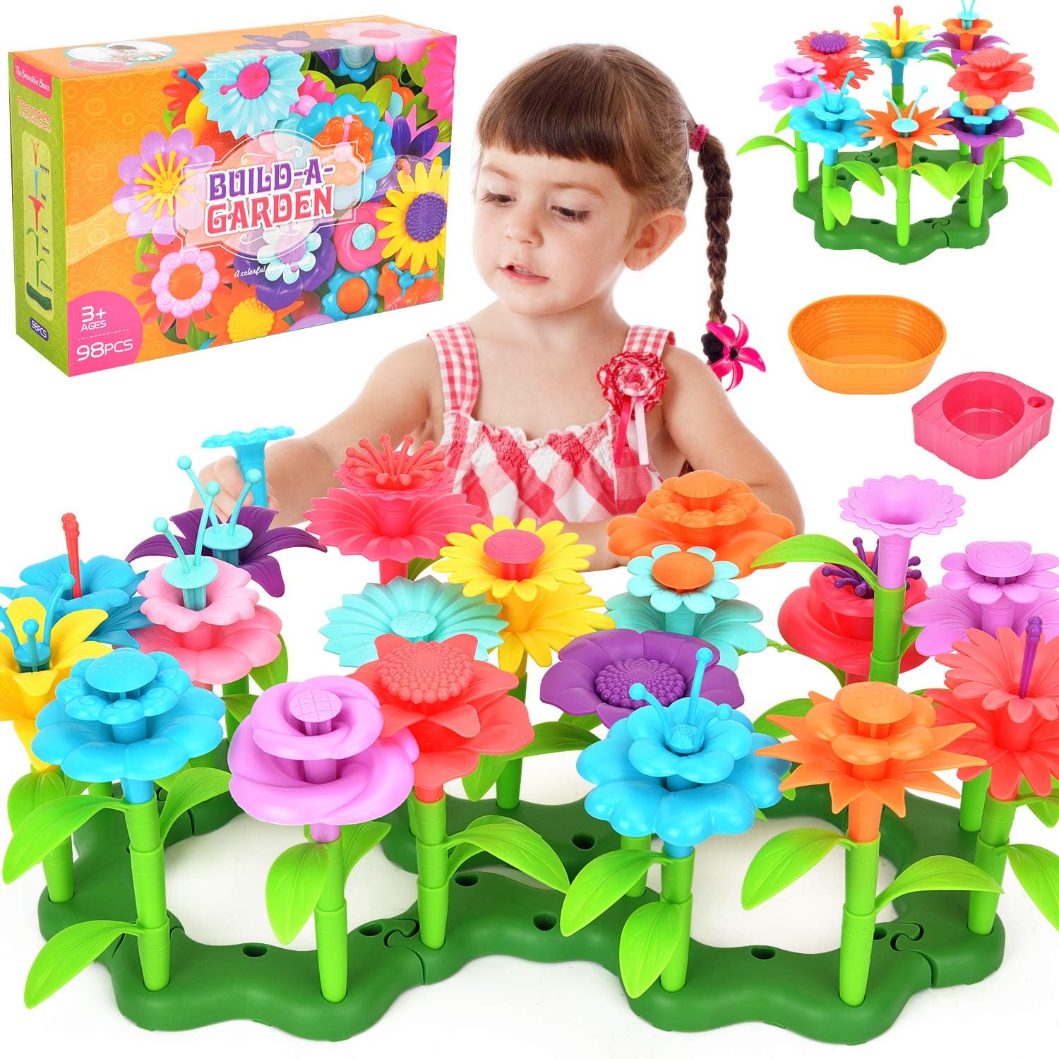 Victostar Flower Garden Toys for Kids - Plastic Garden Building Flower Resources and Creative Construction Games Gift Set for Age 3 plus Years Old Girls & Boys