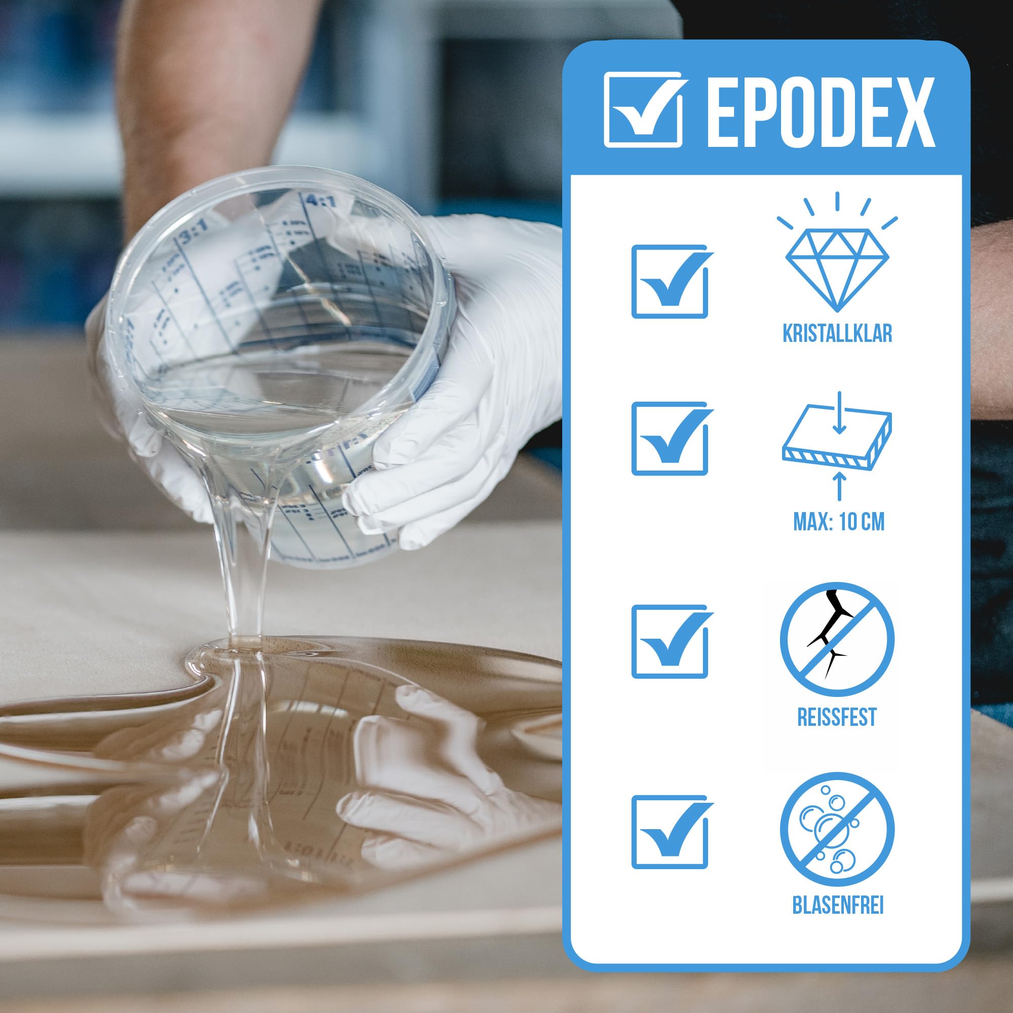 EPODEX Epoxidharz Set PRO MAX, bis 10cm, CLEAR - Transparent, 1,5kg | Kristallklares Epoxy Resin Set, Harz Gießen Set River-Tische, Lampen, Projekte mit hohen Form- und Gussteilen