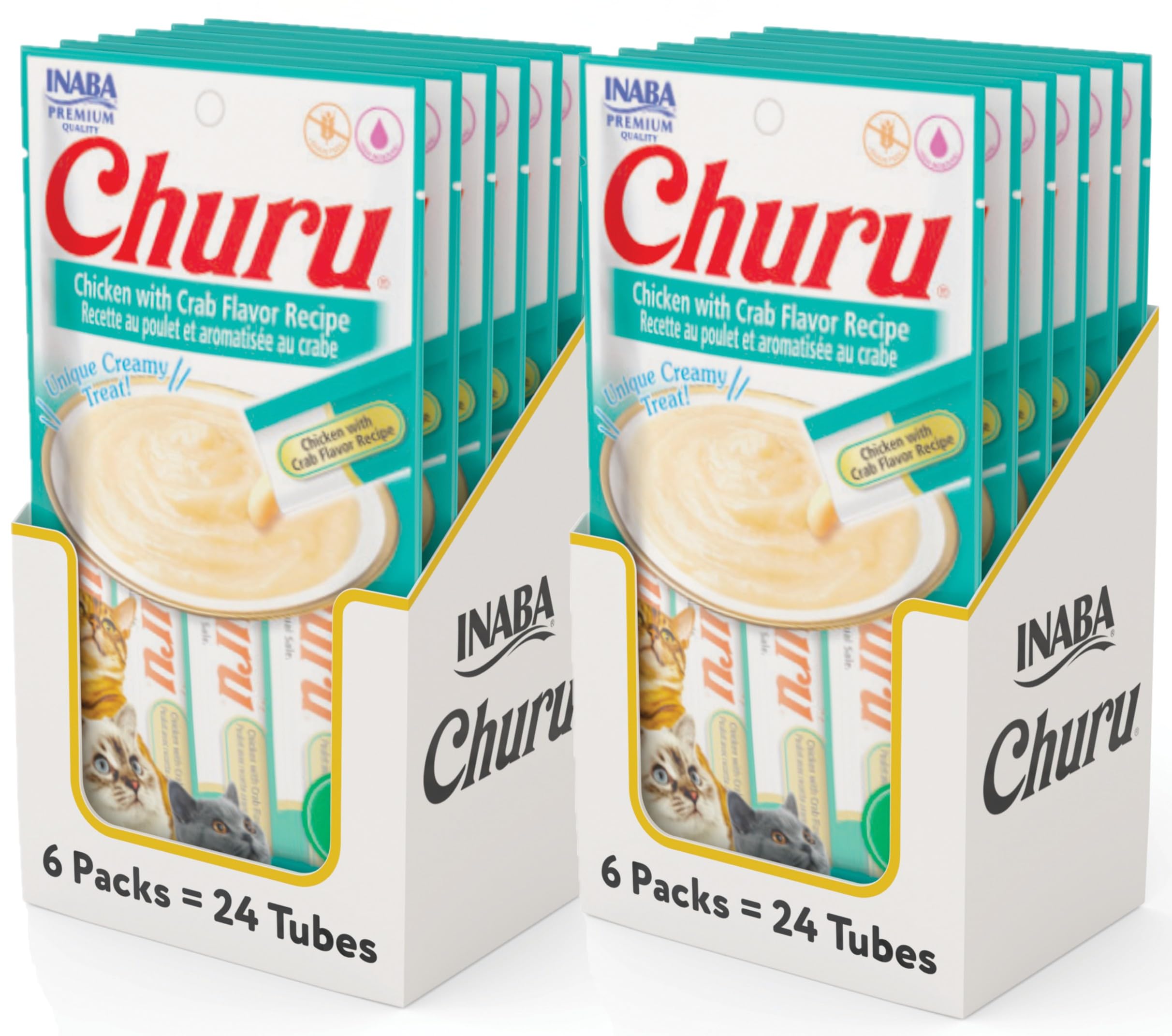 INABA Churu Cat Treats, Grain-Free, Lickable, Squeezable Creamy Purée Cat Treat/Topper with Vitamin E &amp; Taurine, 0.5 Ounces Each Tube, 48 Tubes (4 per Pack), Chicken with Crab Recipe