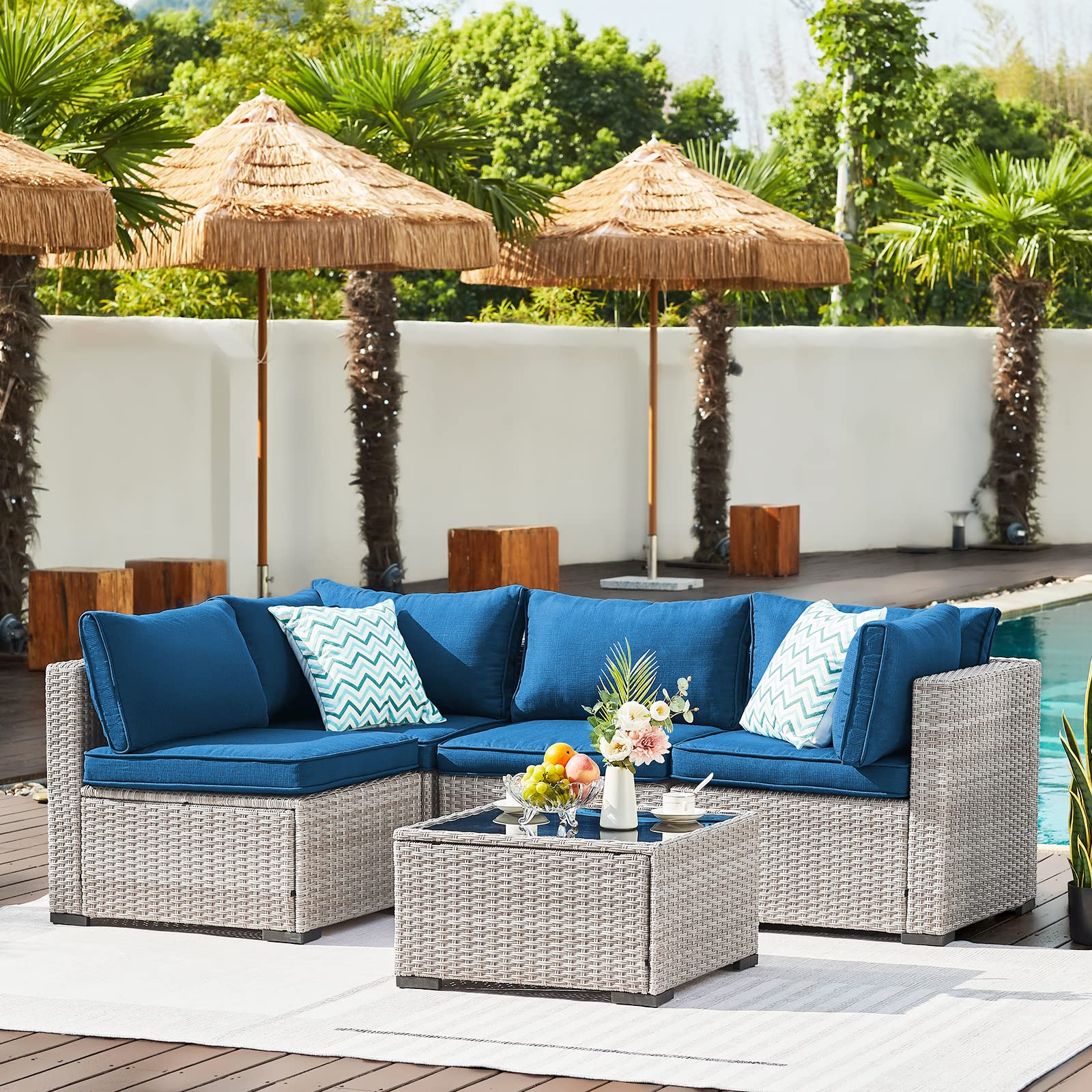 NATURAL EXPRESSIONS Patio Furniture Set, Outdoor Furniture Sectional Sofa 5 Piece Wicker All Weather Outdoor Couch with Tempered Glass Coffee Table & Olefin Cushions for Deck Backyard Balcony Sunroom