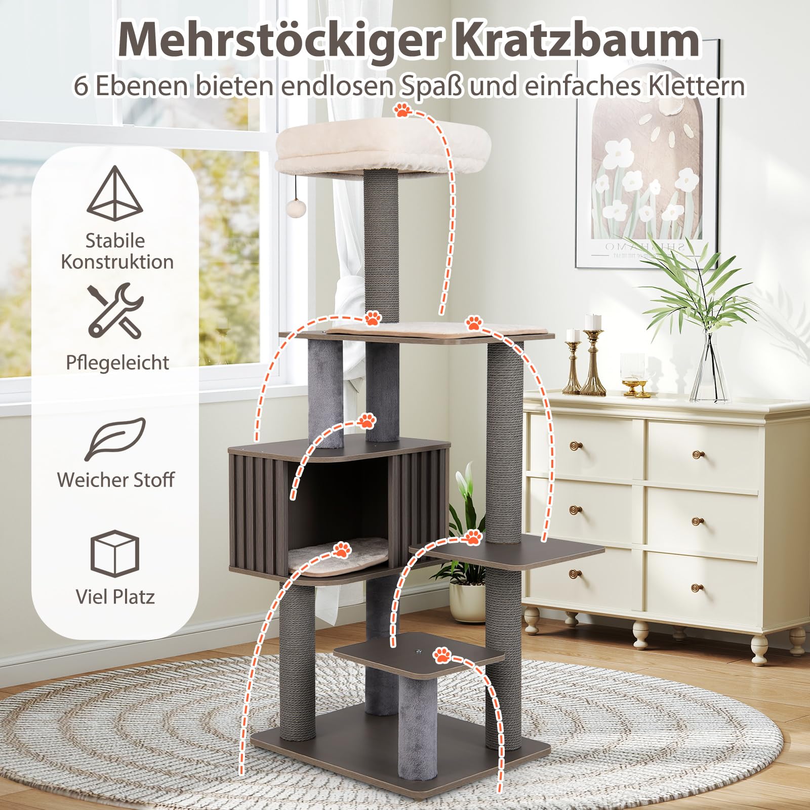 COSTWAY Kratzbaum groß, 151 cm, Katzenbaum mit Plattformen, Katzenhöhle, Kratzpfosten, Ball & abnehmbaren Matten, Katzenkratzbaum Katze, Katzenturm Kletterbaum, Grau