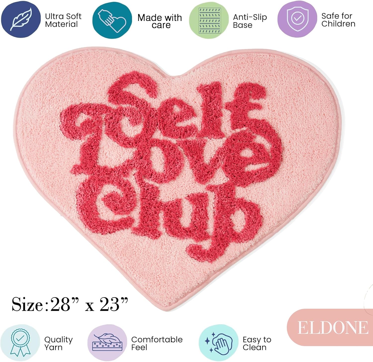 ELDONE Self Love Club Rug Heart Shaped - Cute Bath Mat Non Slip, Funky Aesthetic Groovy Small Accent Rugs for Bedroom Bathroom, Girls Preppy Room Decor, Pink Heart Rug 28"x23"