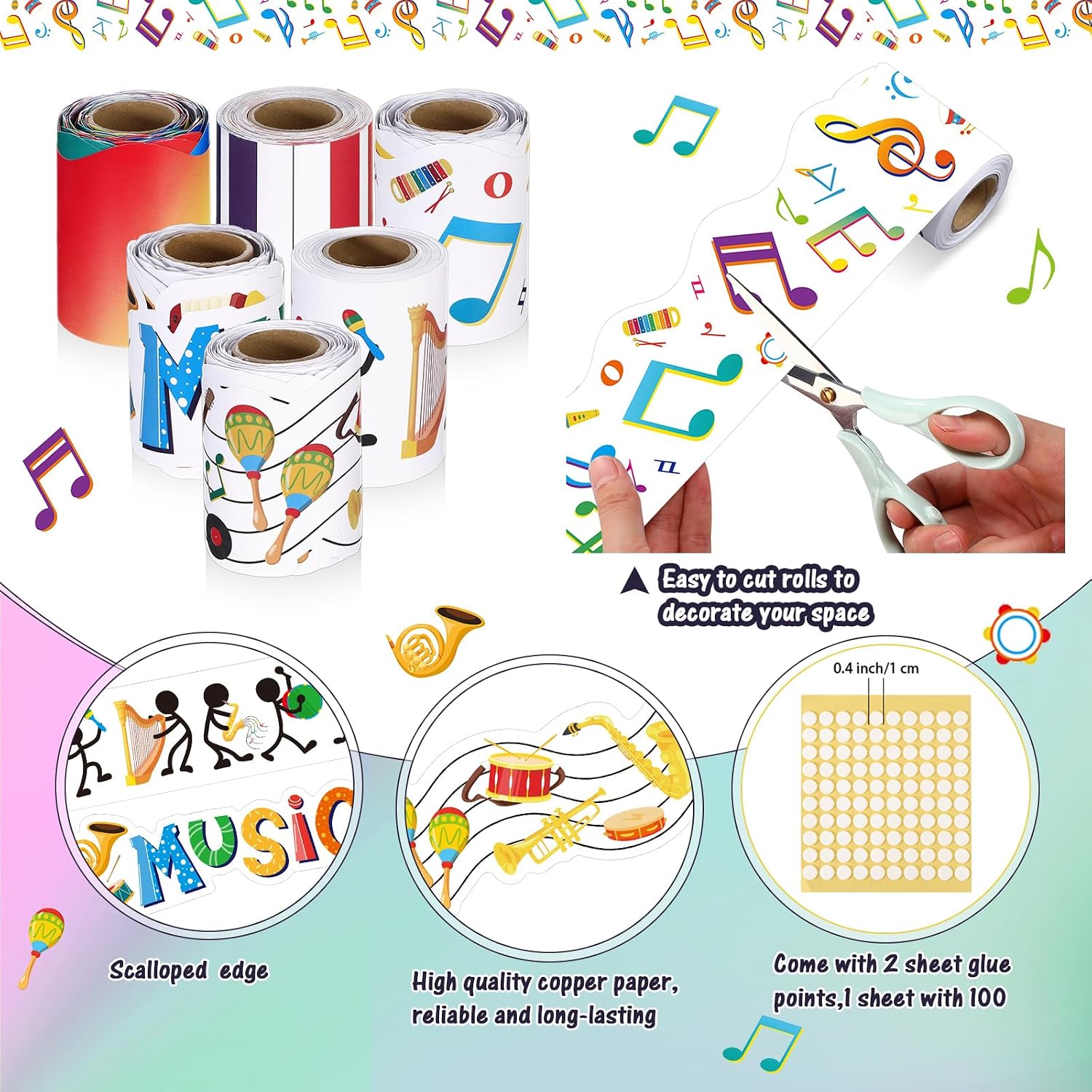 Tenceur 160ft Music Bulletin Board Borders, 6 Rolls Musical Notes Scalloped Borders Trim, Music Classroom Decoration for School Office Chalkboard Whiteboard Poster Decor