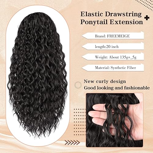 Miniatura 5 de FREEMEIGE Curly Ponytail Extension Drawstring Ponytail 20 Inch Long Wavy Curly Clip in Ponytails Fake Pony Tails Hair Extensions Synthetic Curly