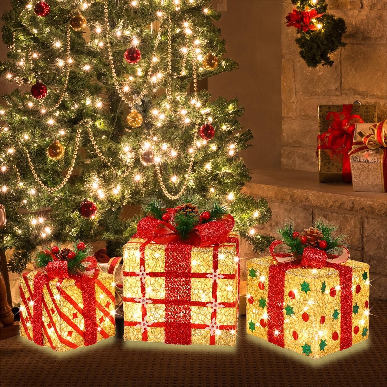 [Large 9.5"x8"x6.5" Christmas Set of 3 Lighted Gift Boxes Decorations Pre-lit 70 Super-Bright LED with Flashers,for Indoor Outdoor Christmas Tree Skirt Ornament Pathway Holiday Party Home