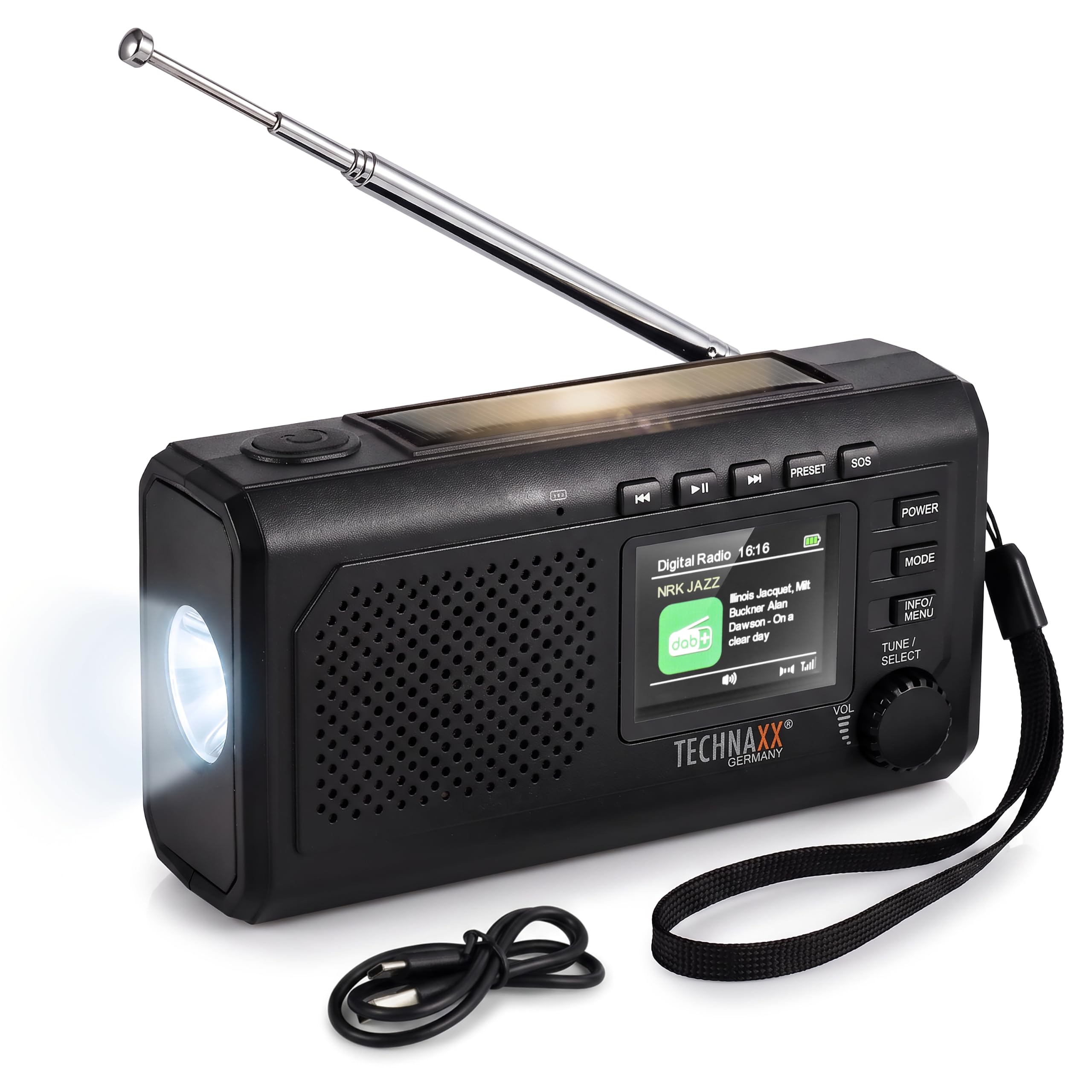 Technaxx Radio di emergenza DAB+ solare a manovella con Bluetooth TX-414
