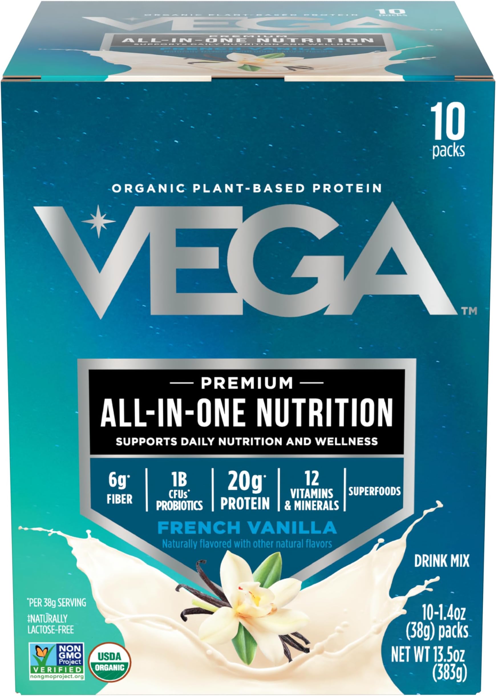 Organic All-in-One Vegan Protein Powder, French Vanilla -Superfood Ingredients, Vitamins for Immunity Support, Keto Friendly, Pea Protein for Women & Men, 13.5 oz (Packaging May Vary)