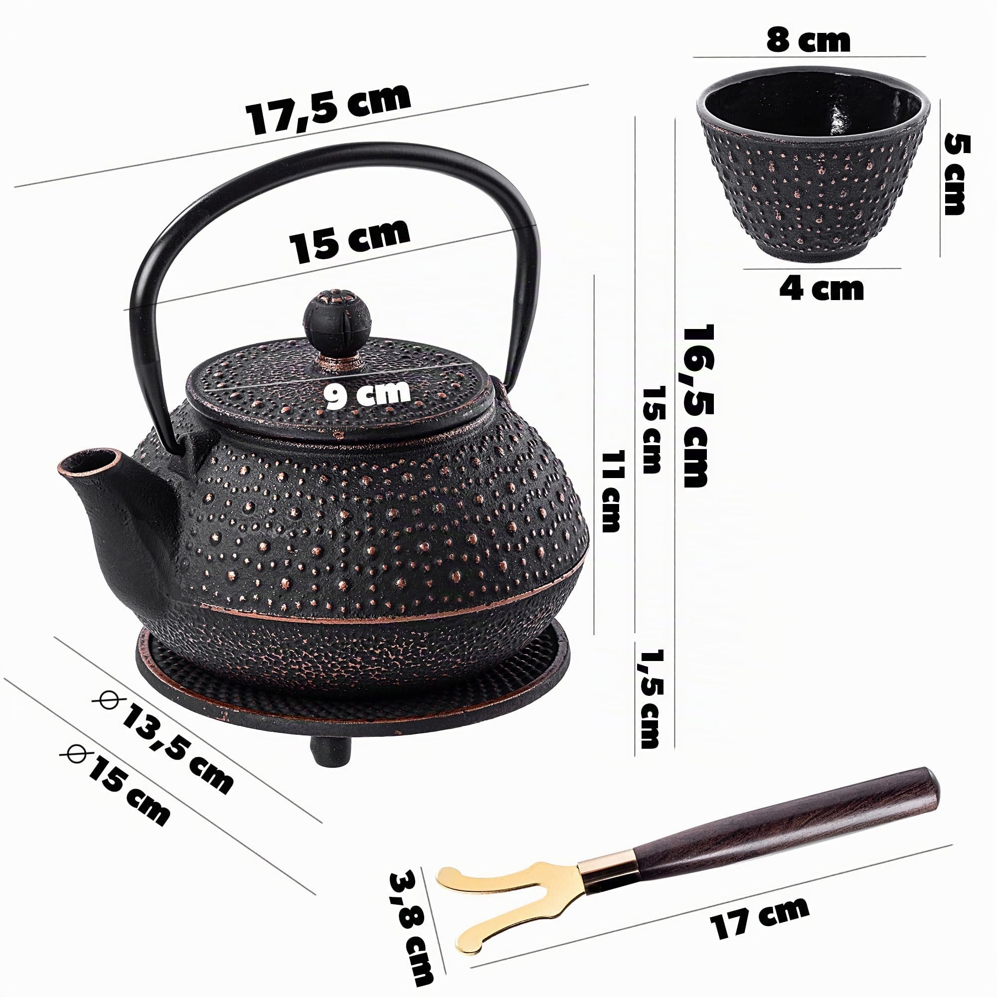 KADAX Japanische Teekanne 0,8  L mit 4 Teetassen für losen Tee, Japanisches Teeservice aus Gusseisen, Gusseiserne Kanne mit Teesieb, Deckel, Griff & Untersetzer (Schwarz)