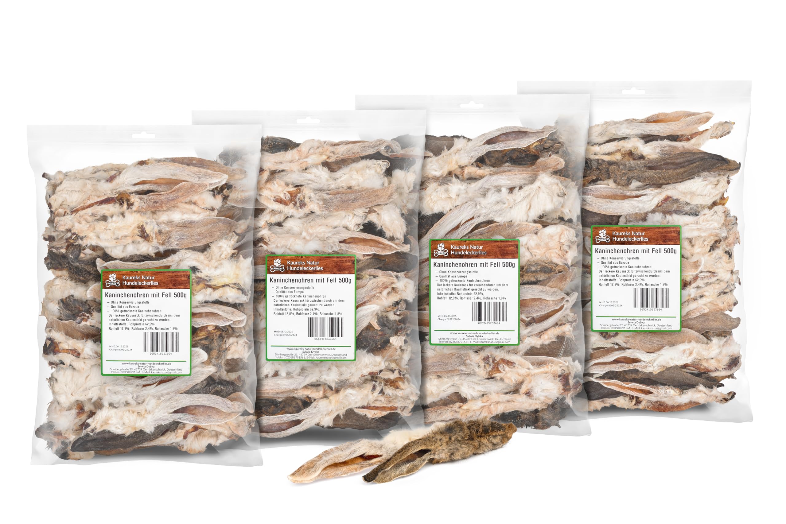 Kaureks Natur Hundeleckerlies 2 Kg Kaninchenohren mit Fell (4x500g) ca 150 STK. Hasenohren, fettarm, Kauartikel, Kausnack