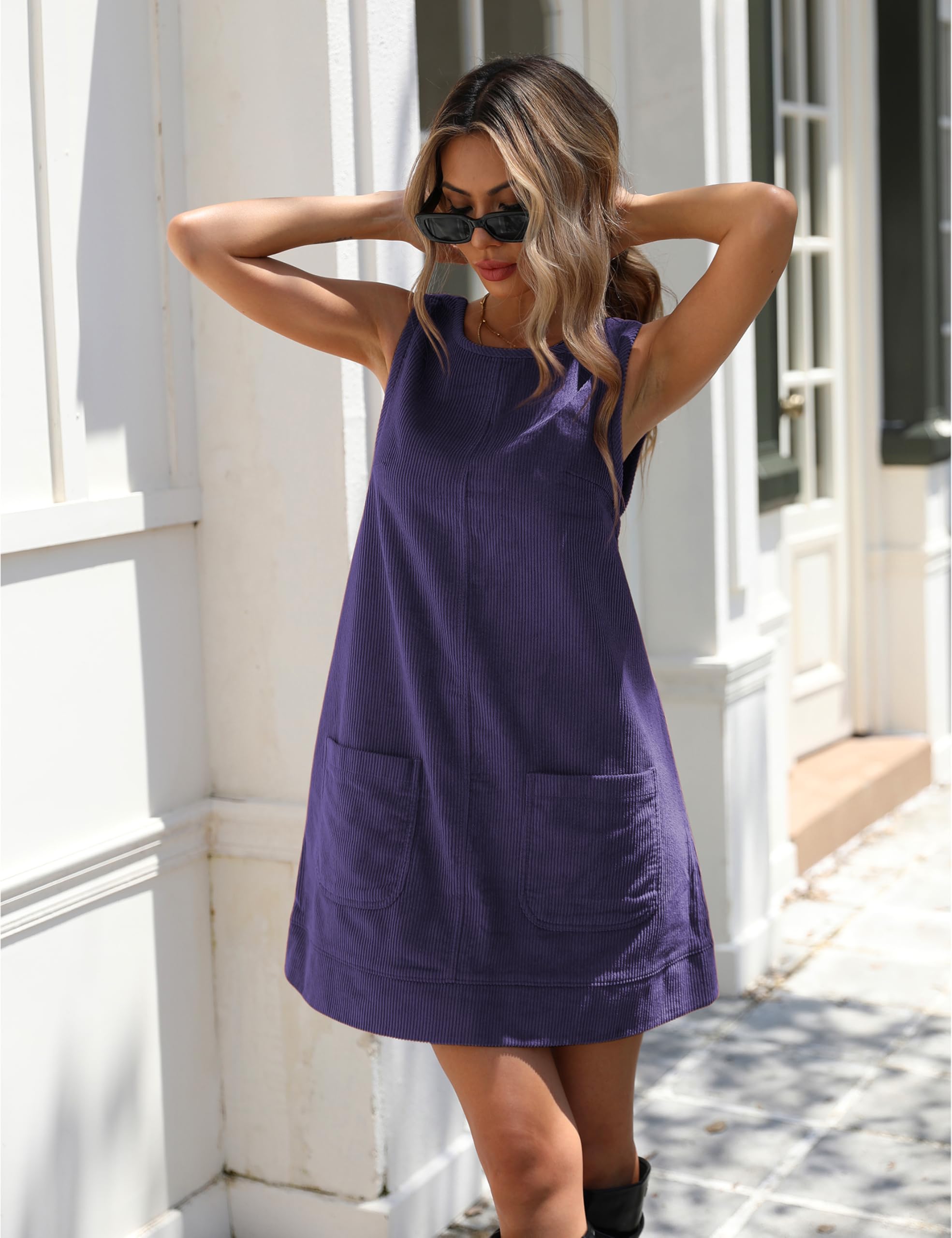 Hooever Women's Corduroy Overall Dress Round Neck A Line Skirtall Jumper Mini Dress Pinafore with Pockets: Purple X-Small