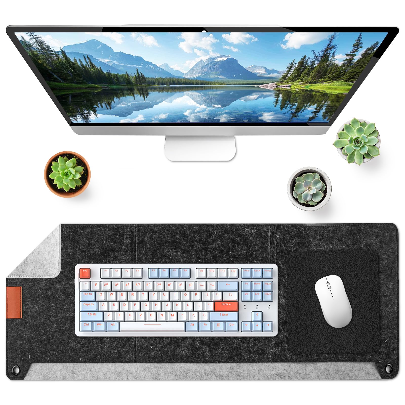Felt Desk Pad (36"x12") With PU Leather Mouse Pad - Desk Organizer & Document Mat, Grey/Black