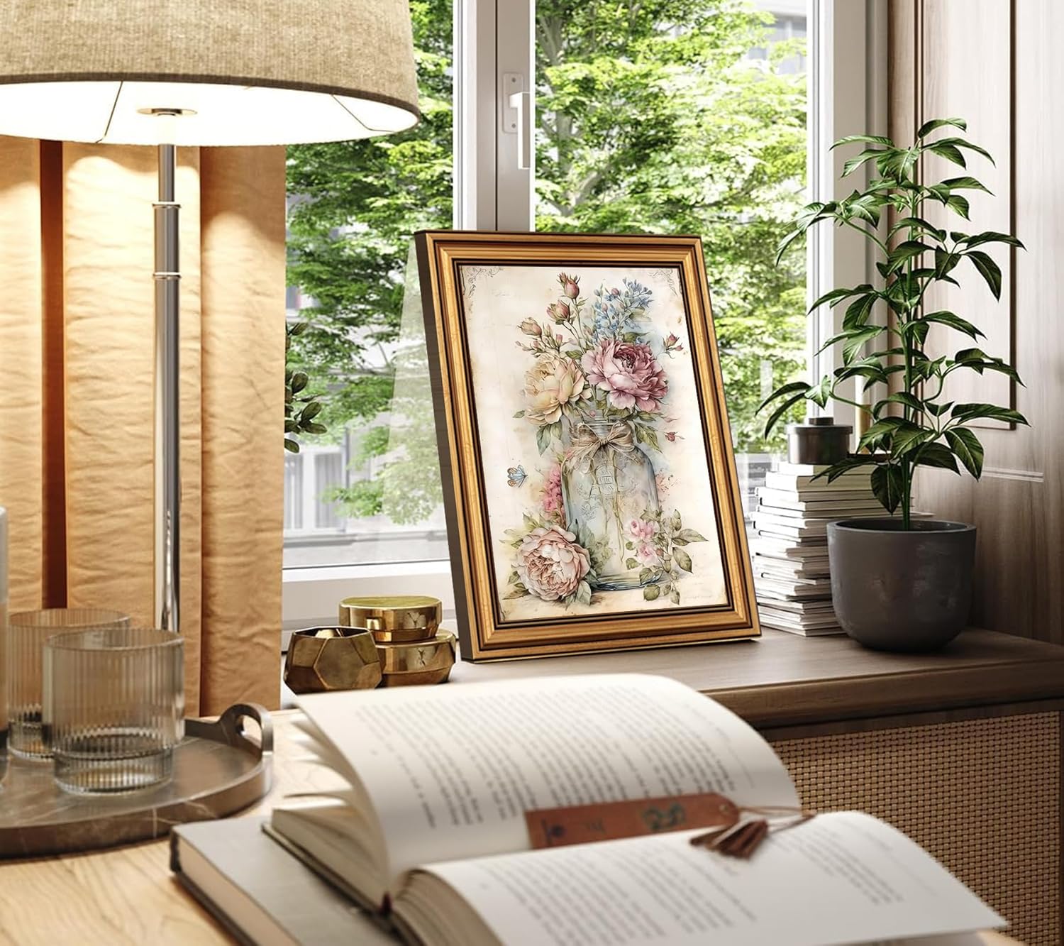 Gold Frame Vintage Rose Canvas Wall Art Pink Wildflowers Botanical Wall Decor Painting Mason Jar Floral Poster Print Victorian Picture for Bedroom Living Room Bathroom 12x16in