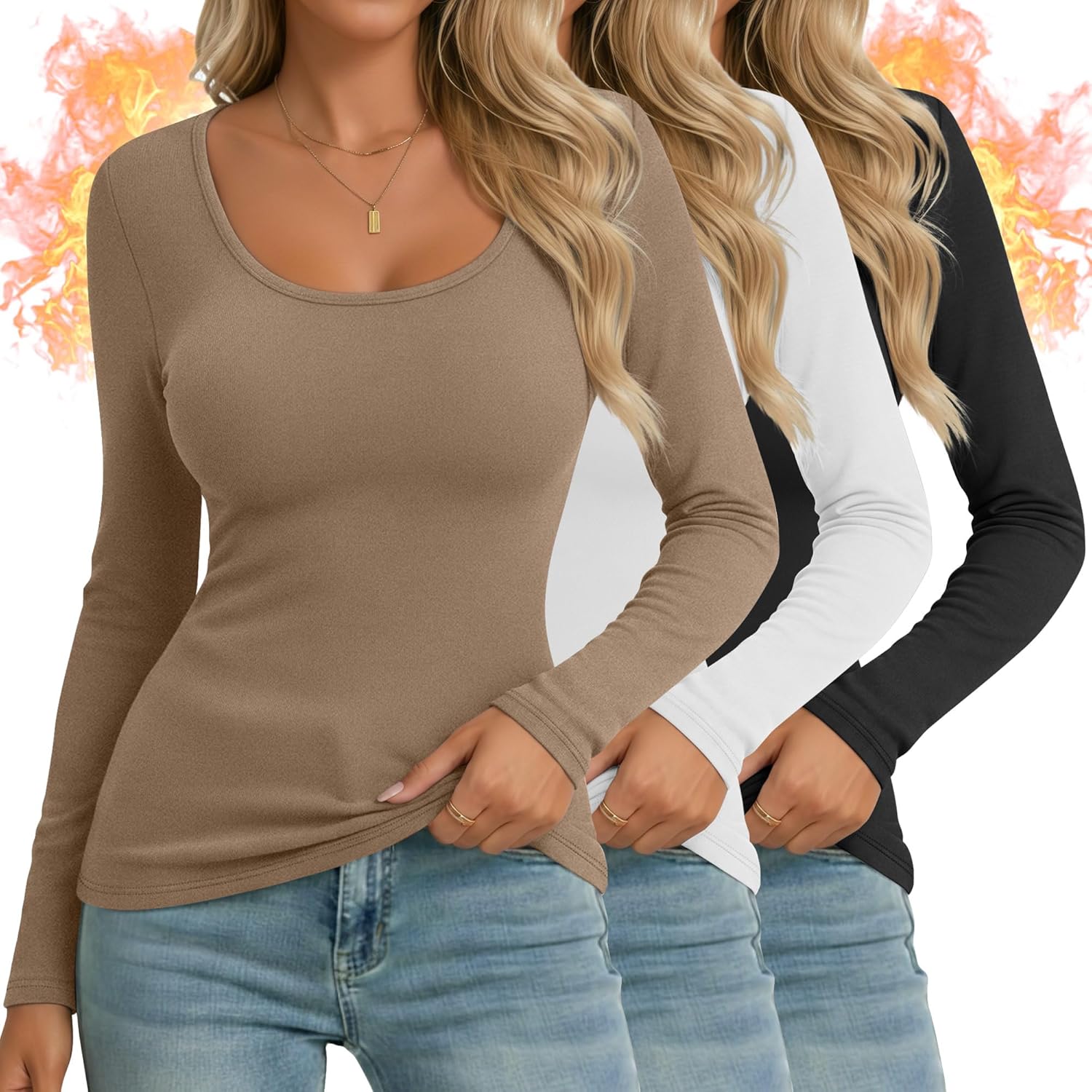 Ficerd 3 Pack Women's Thermal Long Sleeve Shirts Fleece Lined Scoop Neck Stretch Fitted Tops Winter Base Layer Underwear