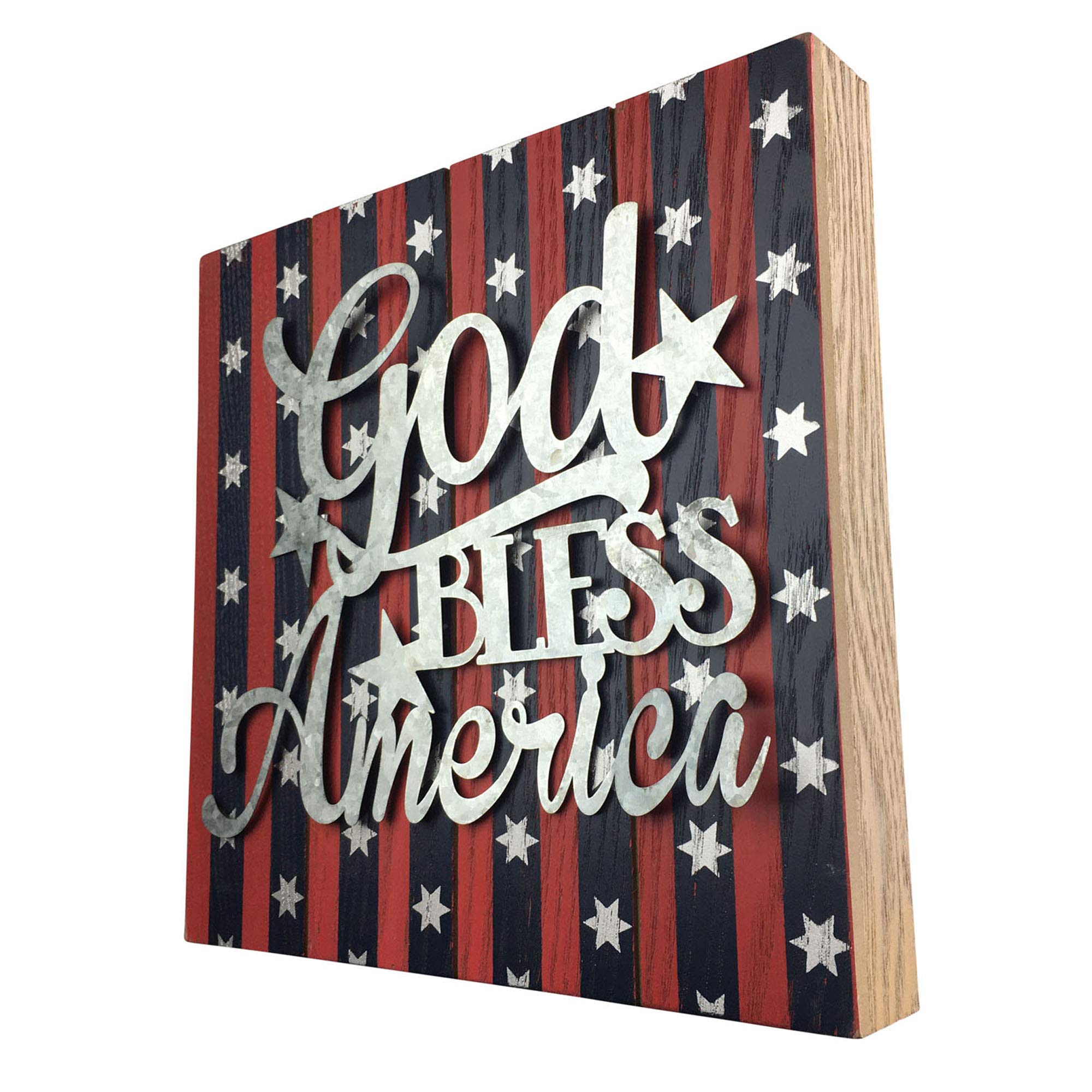 Offex 10" x 10" God Bless America Wall Hanging or Stand on Surface Wooden Box Sign - Suitable for Patriotic Holidays, Memorial Day or Holiday Decorations