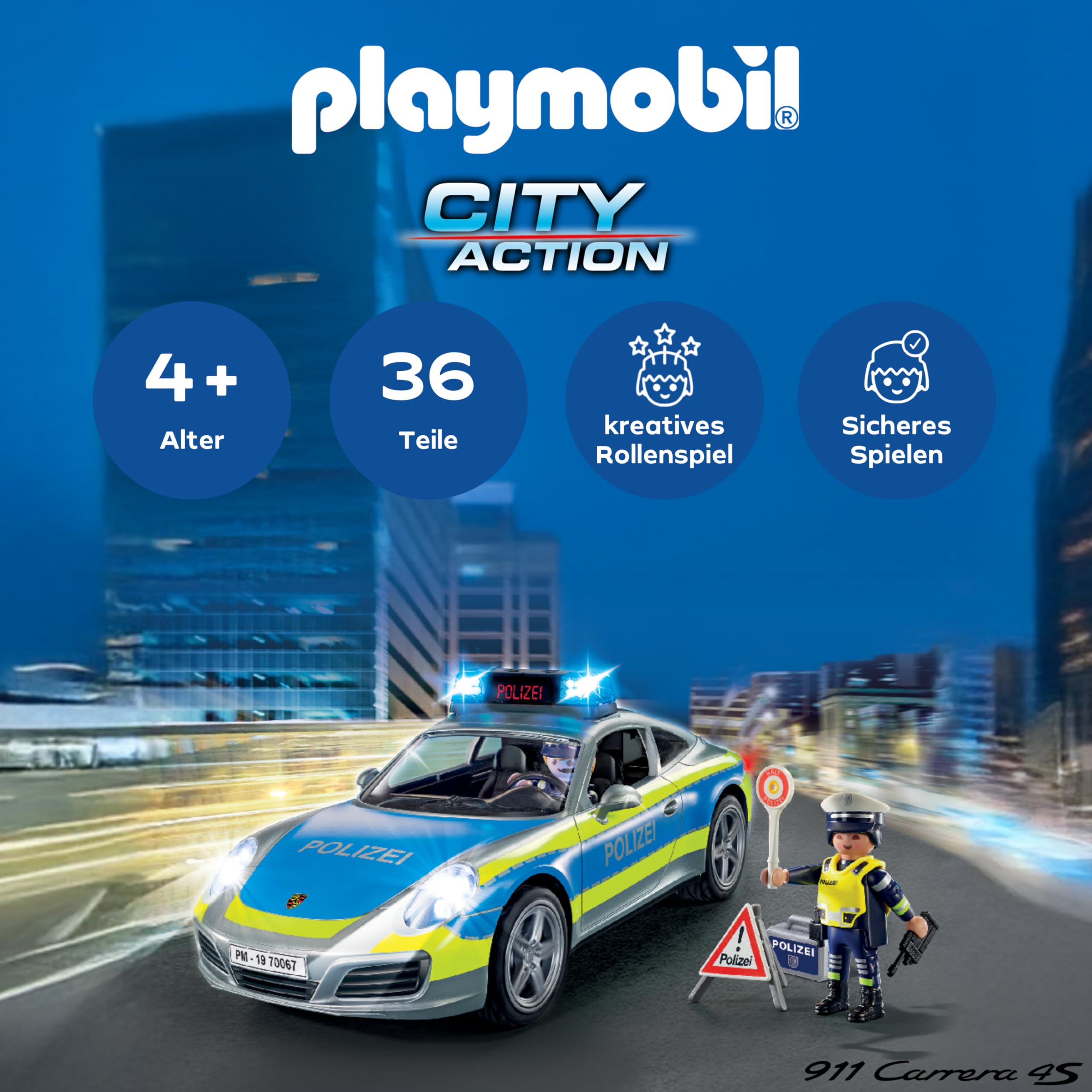 PLAYMOBIL | Cars | Porsche 911 Carrera 4S | Polizei mit Polizei-Licht und Sound | Empfohlen ab 4 Jahren | 70067