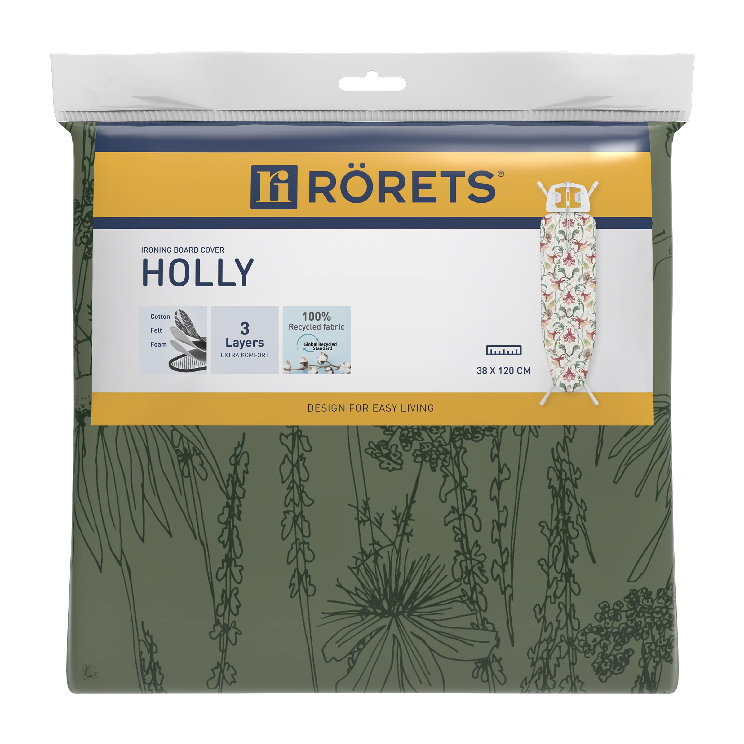 Rörets Pokrowiec na deskę do prasowania Holly – 40 x 120 cm – 3 warstwy dla najwyższego komfortu prasowania – Velcro zapewnia idealne dopasowanie – certyfikat Oeko-Tex – wzornictwo i jakość najsilniejszej szwedzkiej marki desek do prasowania