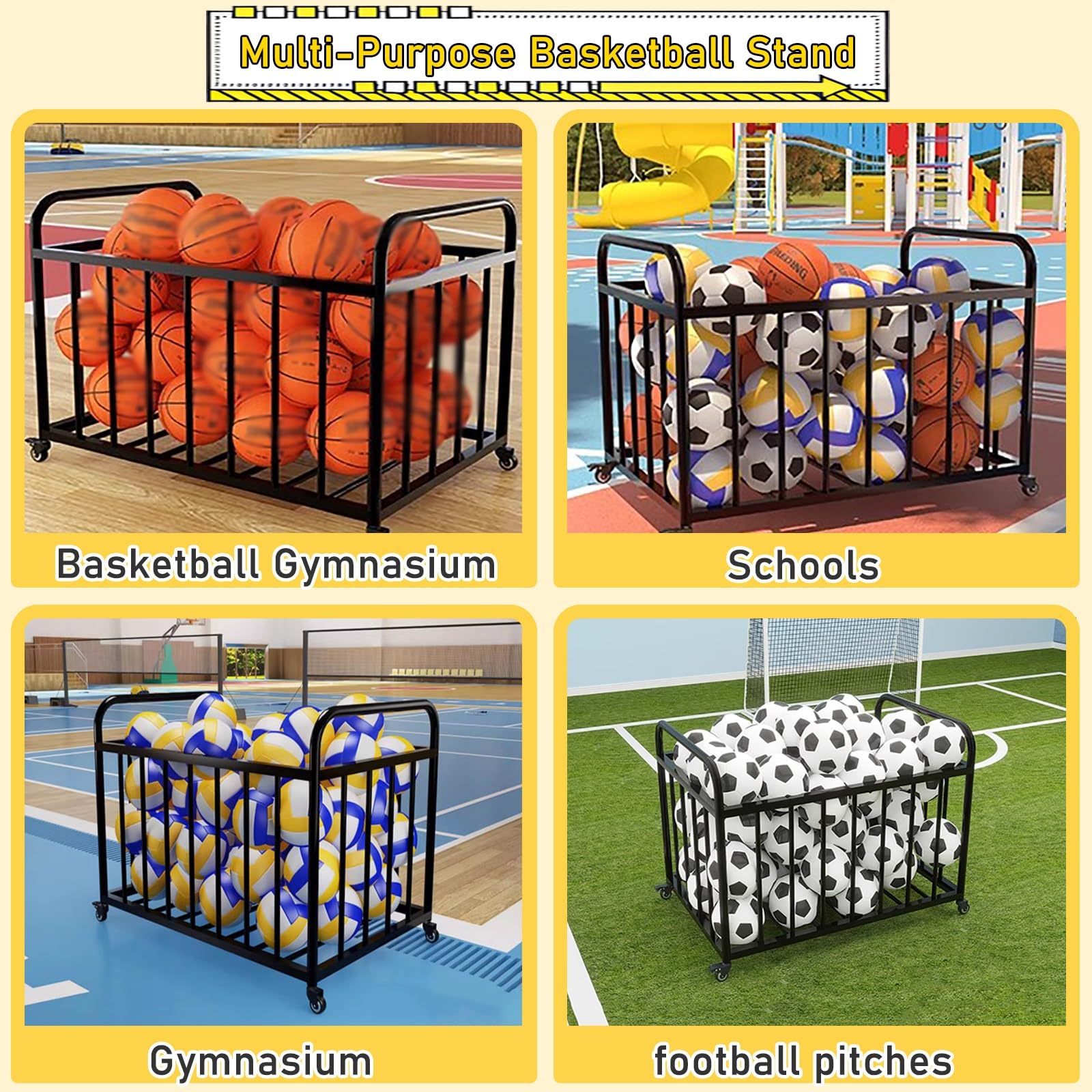 Estante de Pelota Soporte De Almacenamiento De Pelotas Deportivas De Metal Negro con Ruedas, Carro De Almacenamiento De Pelotas con Tapa, Bastidores De Baloncesto De Alta Resistencia con Ruedas para E