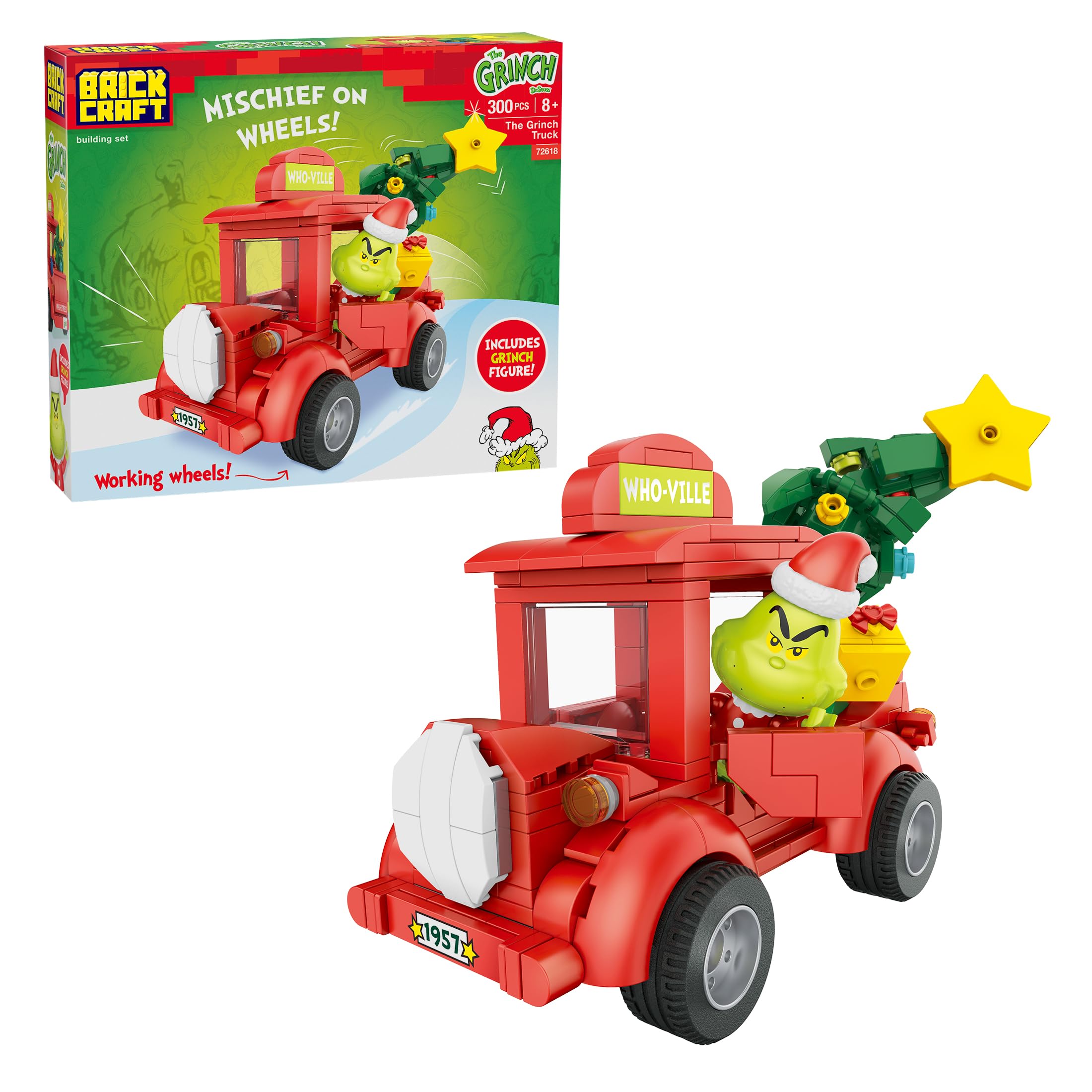 Brickcraft Dr. Seuss The Grinch Truck Building Set (300 Pieces), Christmas Collectible with Grinch Figure & Working Wheels, Who-Ville Holiday Building Kit, Xmas Gift for Adults & Grinch Fans