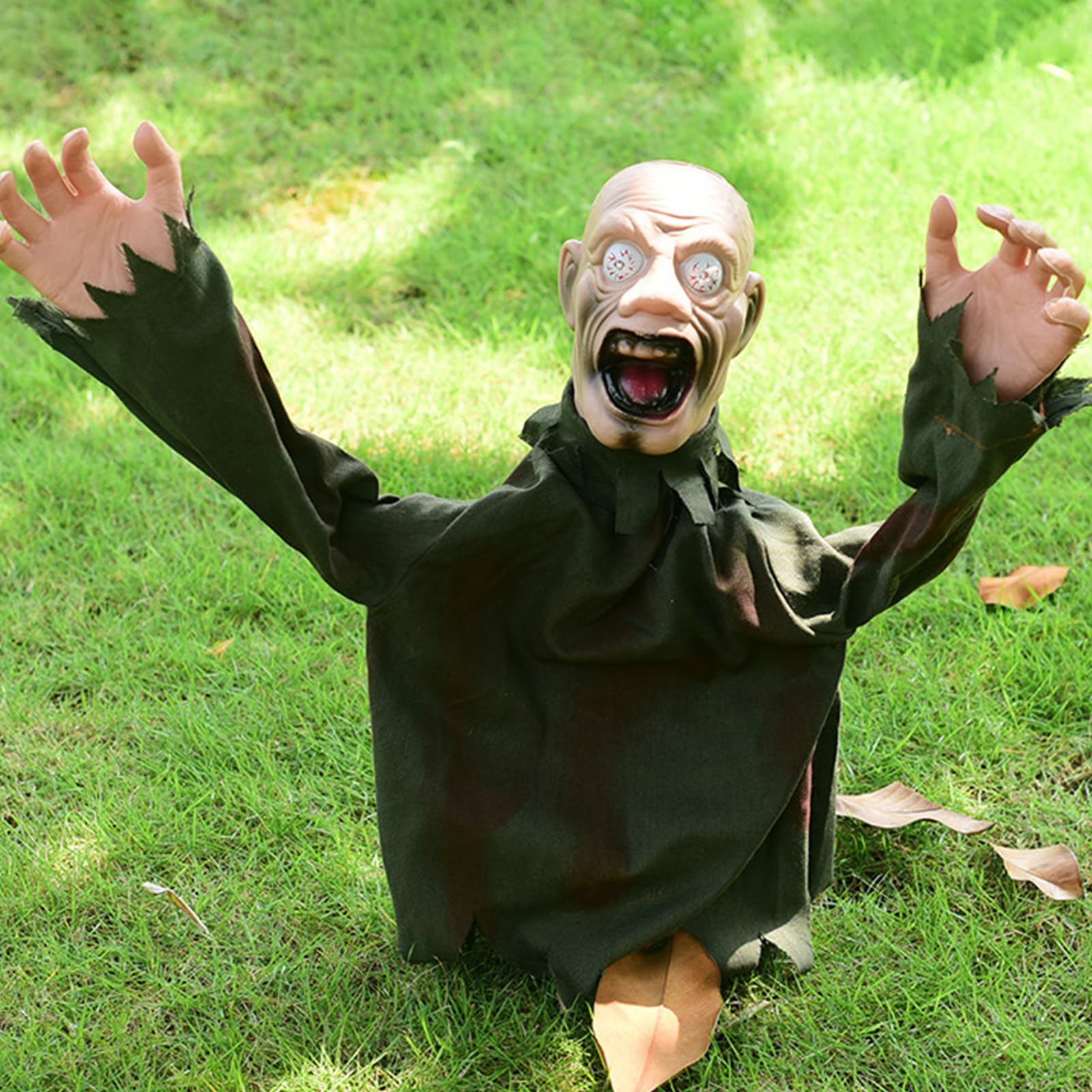 Halloween Animatronic Zombie Groundbreaker, decoración de Halloween, esqueleto zombi espeluznante con ojos brillantes y sonido espeluznante, zombi oscilante, animado para decoración de Halloween,