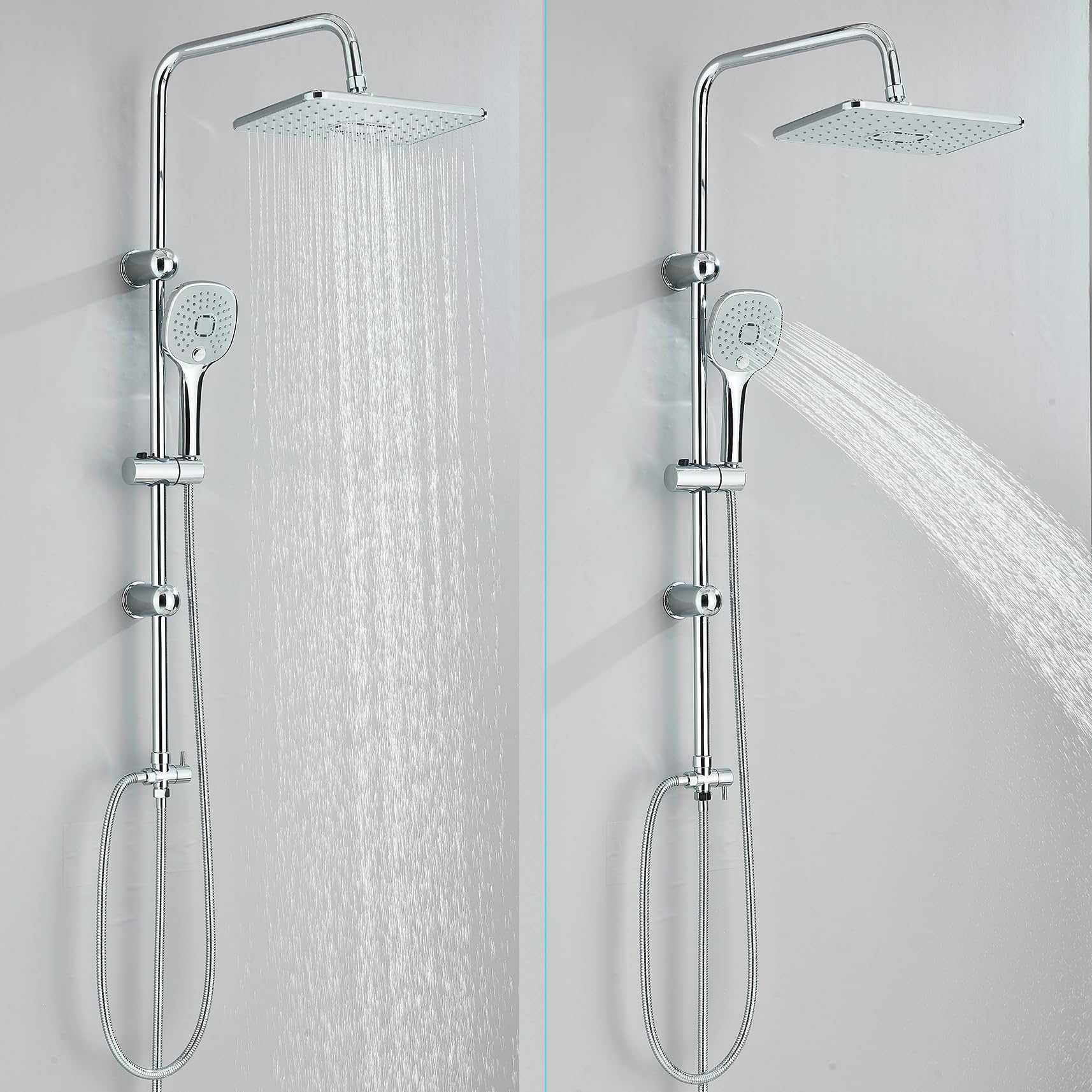 Sistema de ducha sin grifería Cromo Ducha de lluvia Juego de ducha sin grifo con cabezal de ducha de lluvia y 3 tipos de chorro, sistema de ducha de mano de acero inoxidable