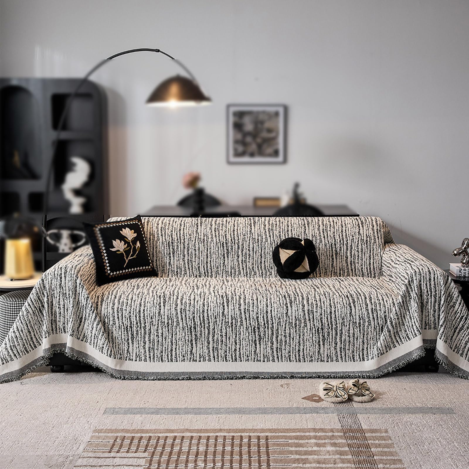 Housse de canapé en chenille noire multifonctionnelle 180x340 cm pour salon