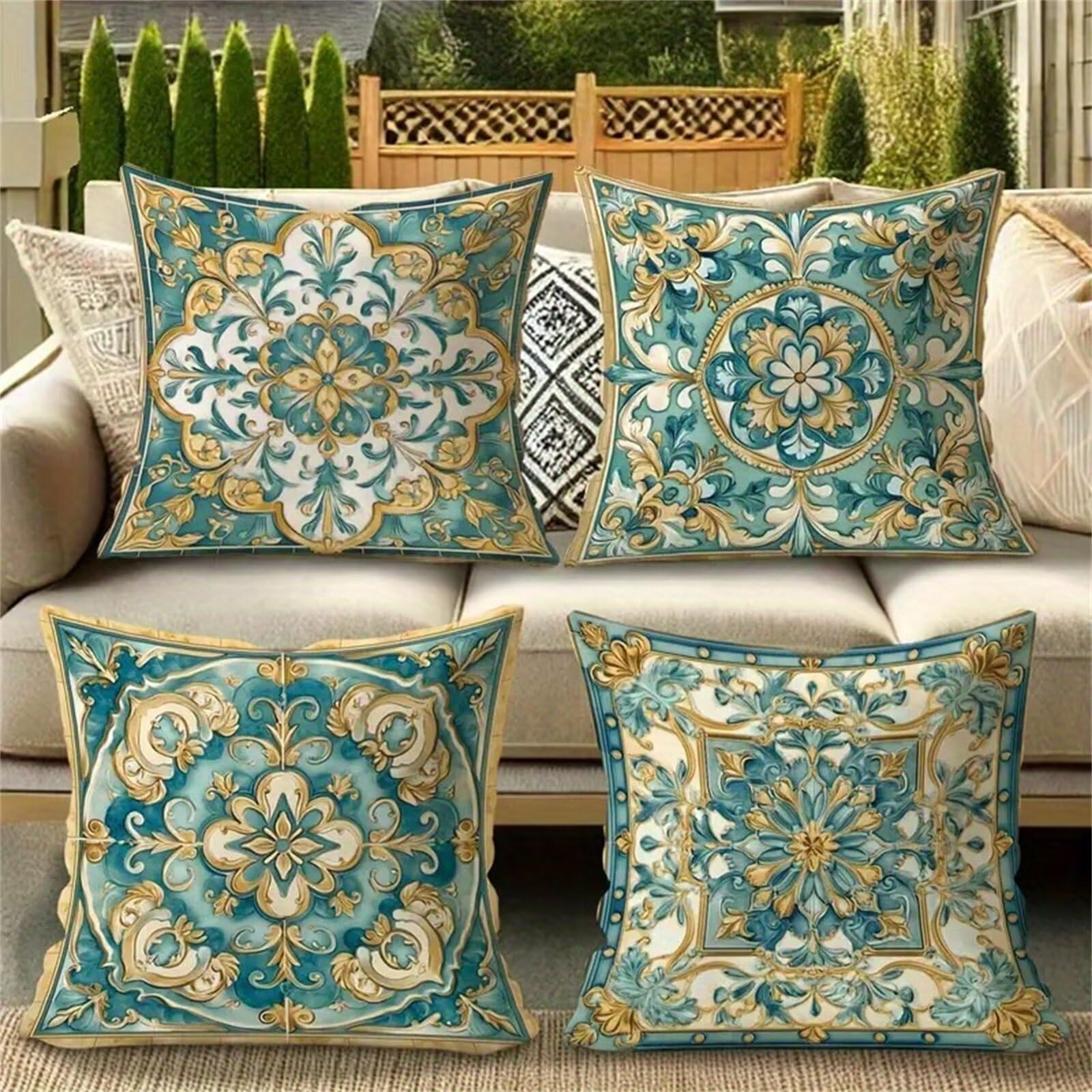 QiHon Green Brown Mandala Cushion Covers 30x30 cm Set of 4, Decorative Throw Pillow Cases, 12x12 inch Square Linen Pillowcases for Sofa Living Room Bedroo